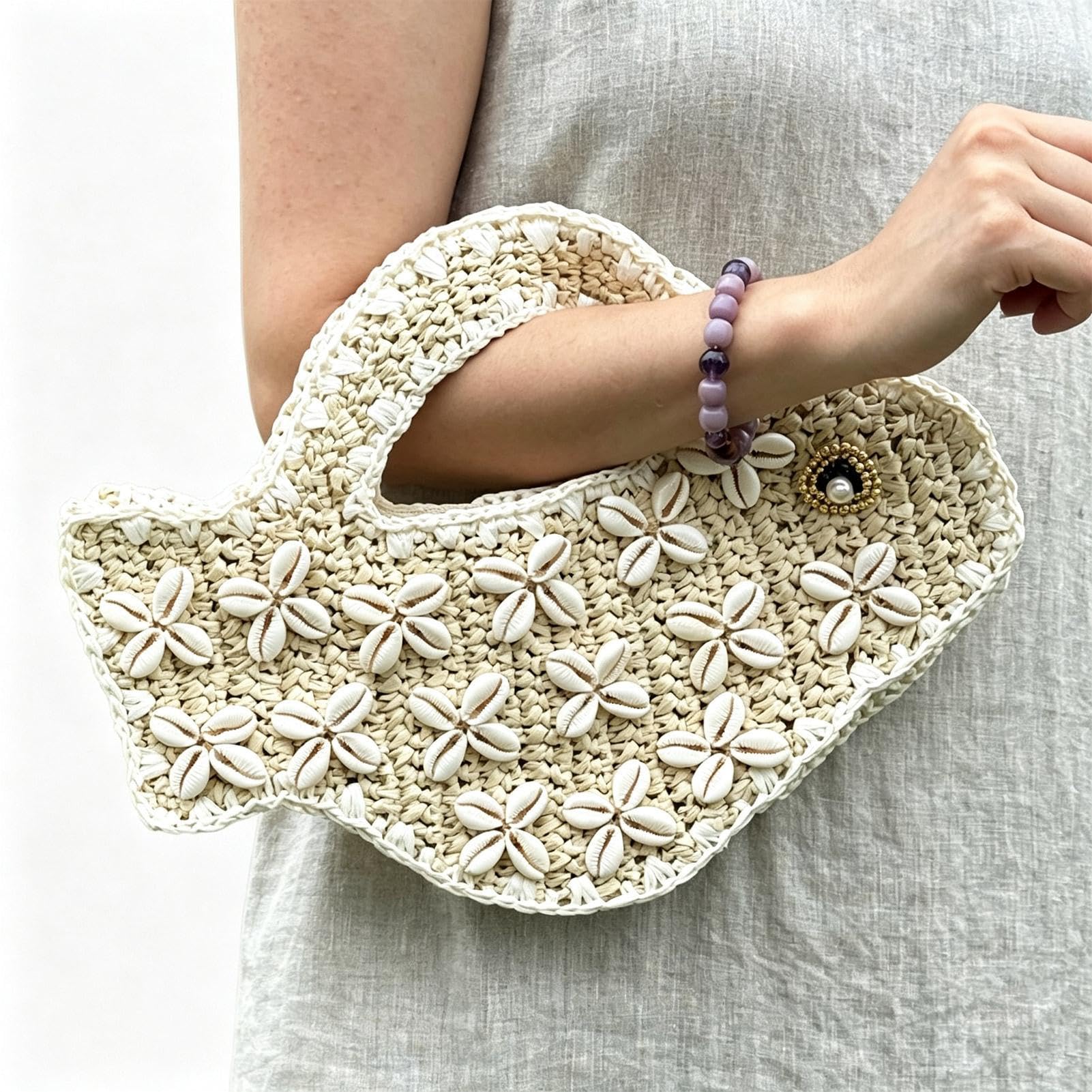 Generico Clutch Pesce Borsa Decorativa A Forma Di In Paglia E Conchiglie | Pochette Intrecciata Estiva Da Spiaggia Per Donne Ragazze Picnic All'Aperto Vacanza Al Mare