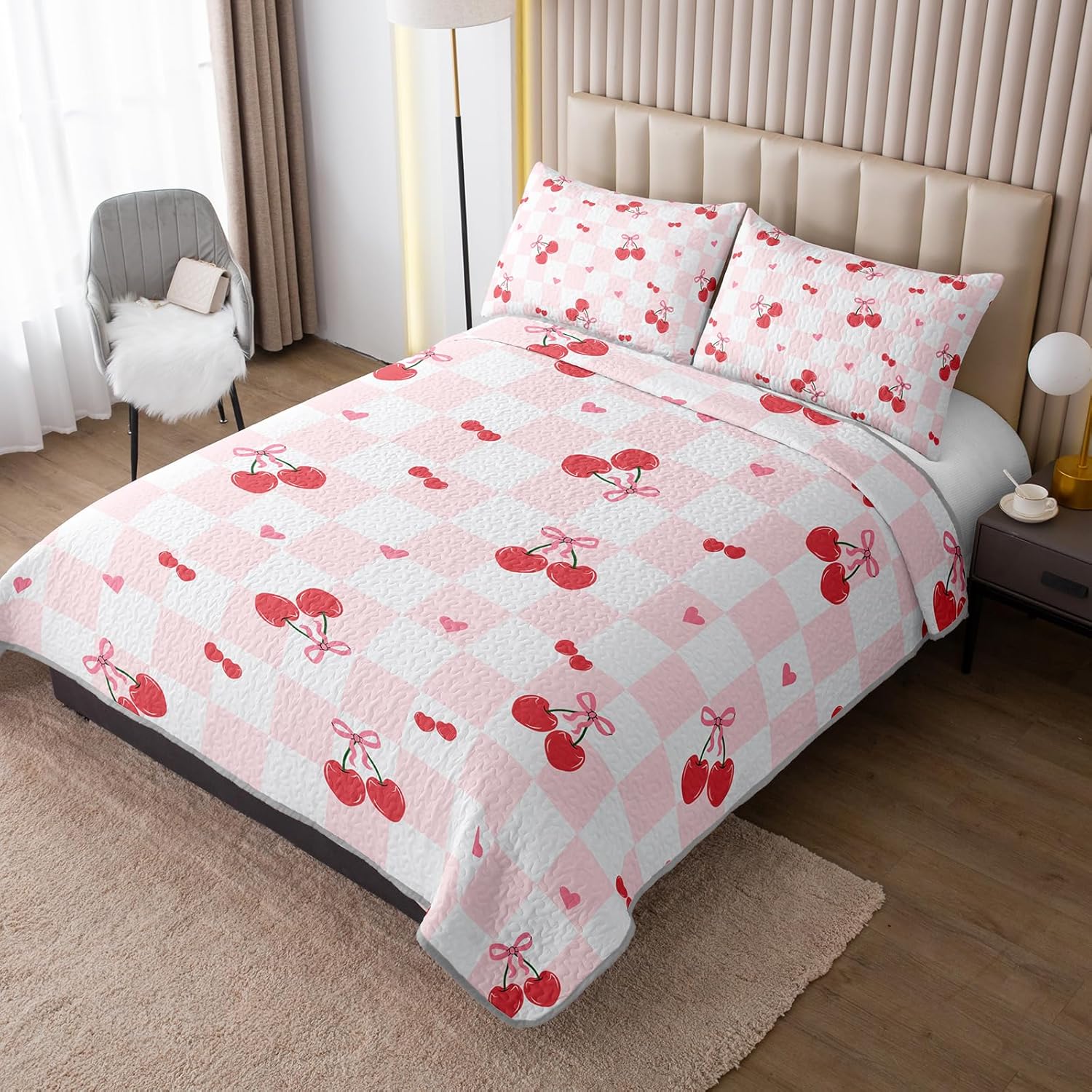 QOOMO Pink Bow Quilt Set Full/Queen Size, 3 Pieces Cherry Printed Bedspreads Coverlet Set, Soft Microfiber Lightweight Bowknot Plaid Bedding Set with 2 Pillowcases for All Season