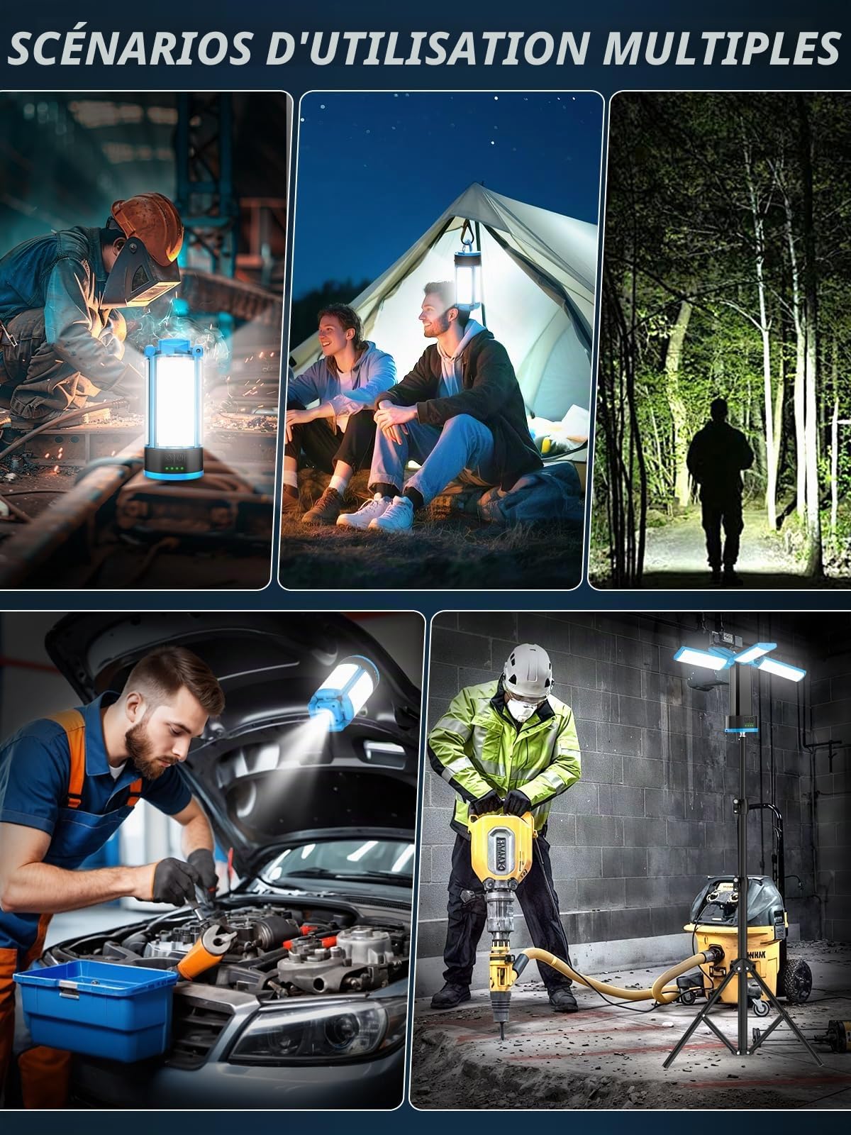 11000mAh Projecteur de Chantier LED Rechargeable avec Trépied, Lumières de Travail sans Fil à 3 Têtes, Lampes Portables Extérieures avec Blanc Froid 6500K Réglable, Trépied Démontable