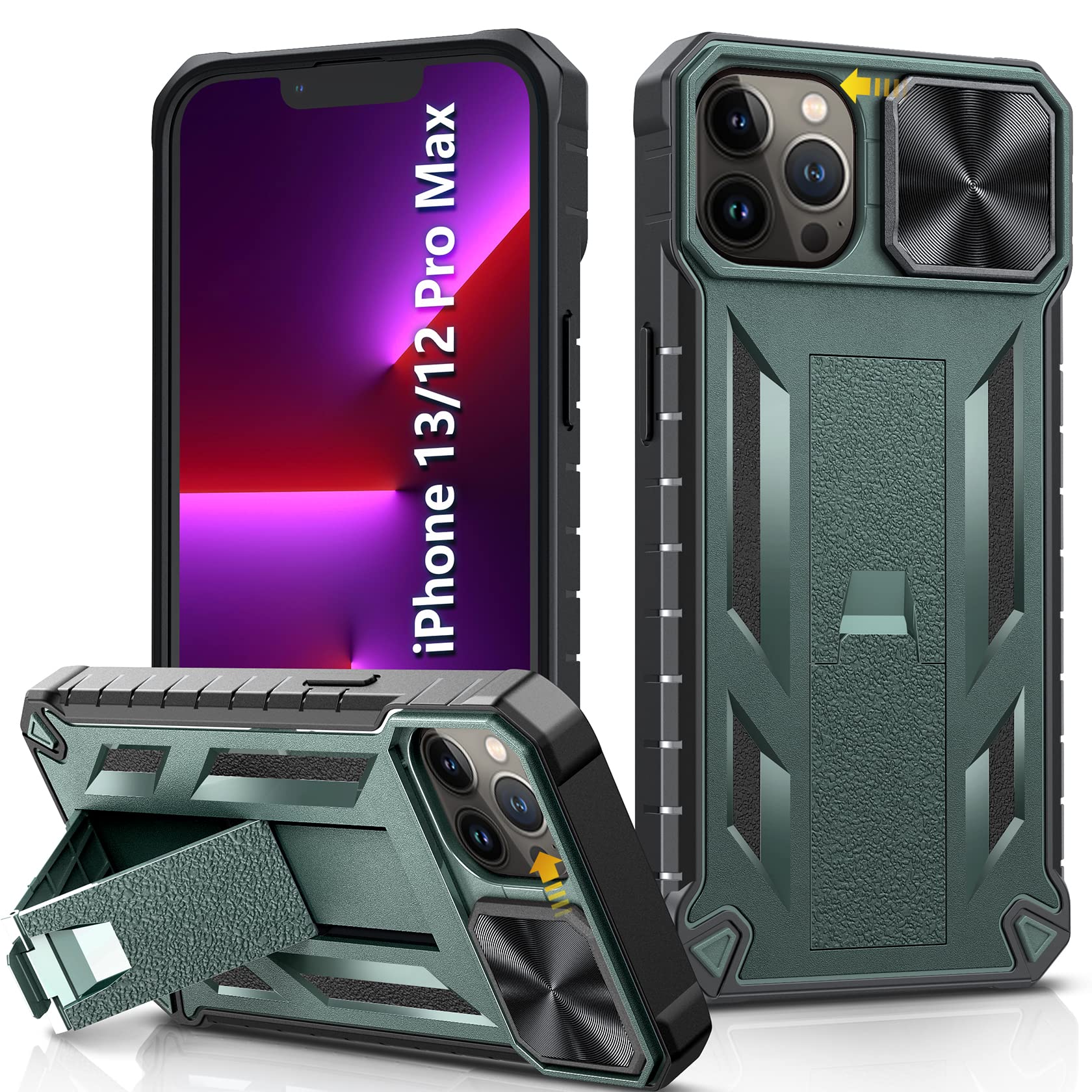 SOiOS for iPhone 13-Pro-Max Phone Case: Military Grade Dropproof Protective Cell Phone Cover with Kickstand & Slider | Rugged Heavy Duty Rugged Protection Phonecase(Dark Green)