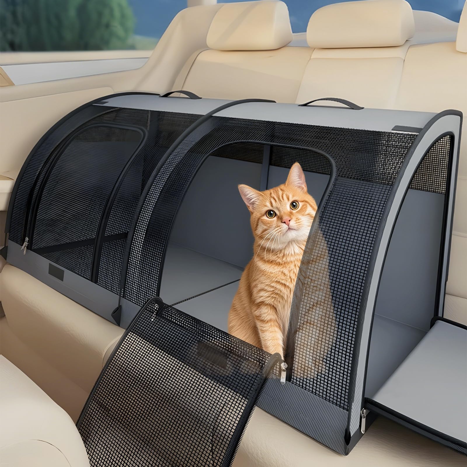 Foldable Pet Car Carrier Bag 100×50×50cm, Dual-Compartment Dog Car Seat for 2 Cats/Medium Animals, Breathable Mesh Pet Travel Crate with 4 Side Doors/Storage Pocket, Collapsible Portable Pets Carrier
