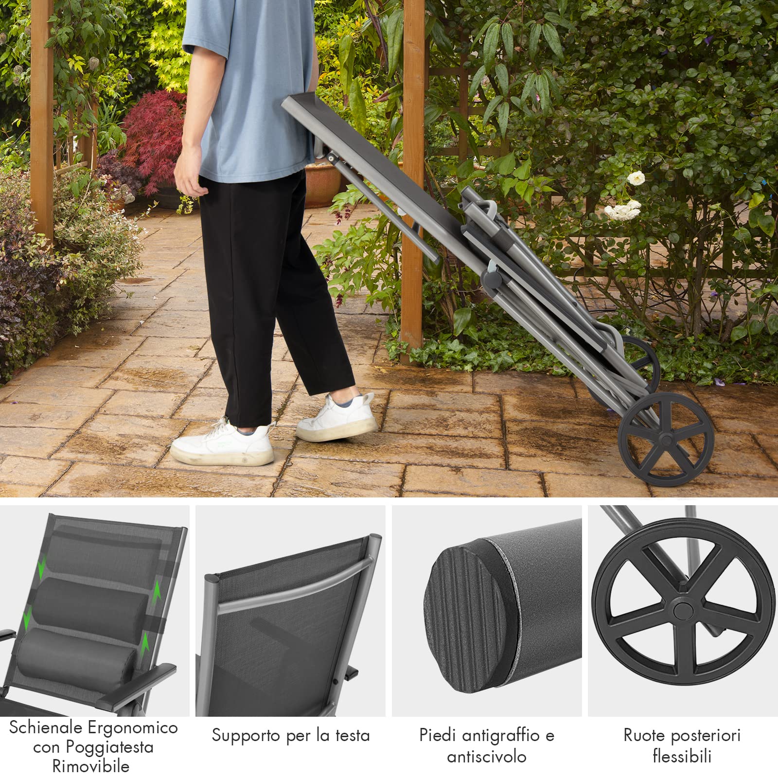 COSTWAY Lettino Prendisole Pieghevole in Alluminio su Ruote, 150 kg | Sedia da Giardino Schienale 7 livelli con Braccioli e Poggiatesta Rimovibile, Tessuto Traspirante per Piscina e Cortile