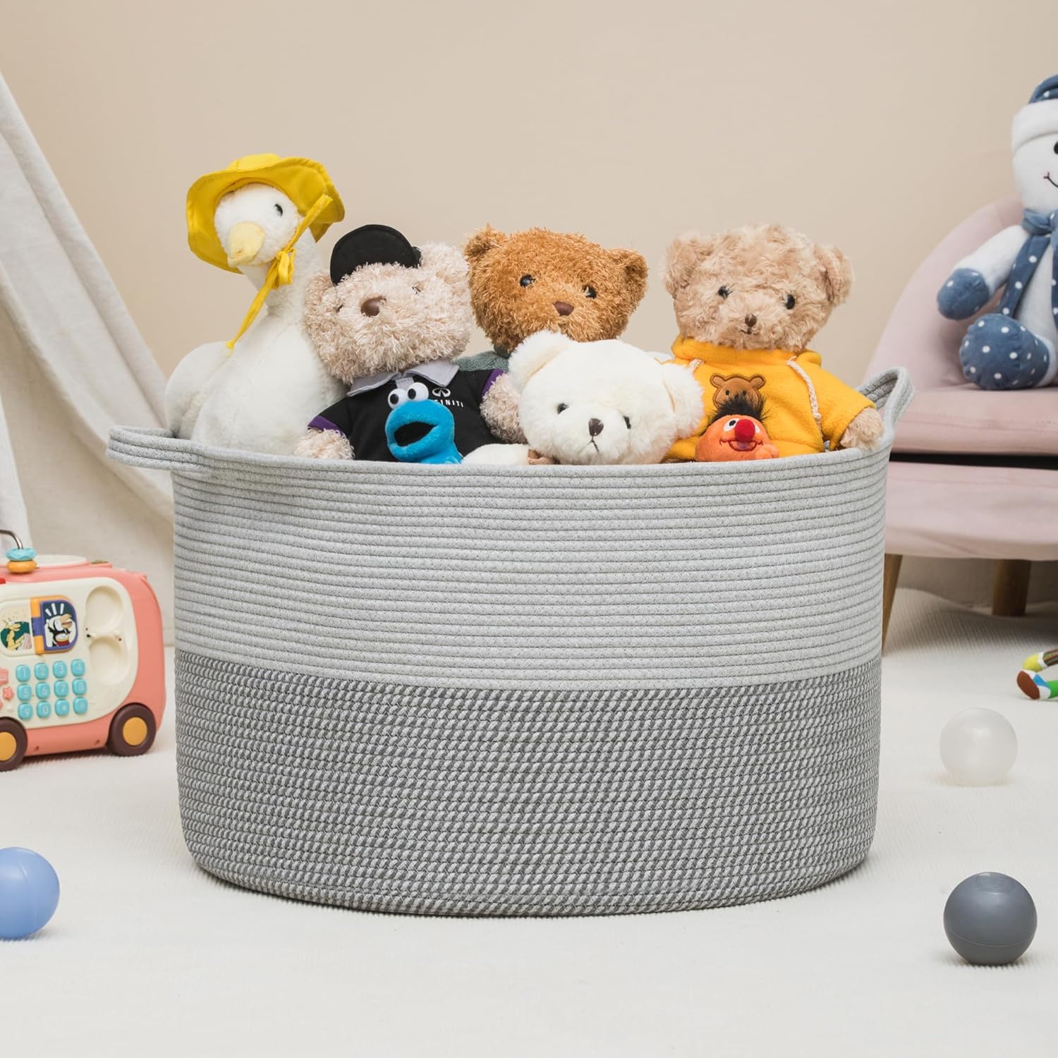 XXXLarge Woven Cotton Rope Basket (21.7" x 13.8") 90L – Blanket Basket for Living Room, Laundry Hamper, Baby Laundry Hamper, Toy Storage, Pillows & Cushions Organizer (Mixed Grey)
