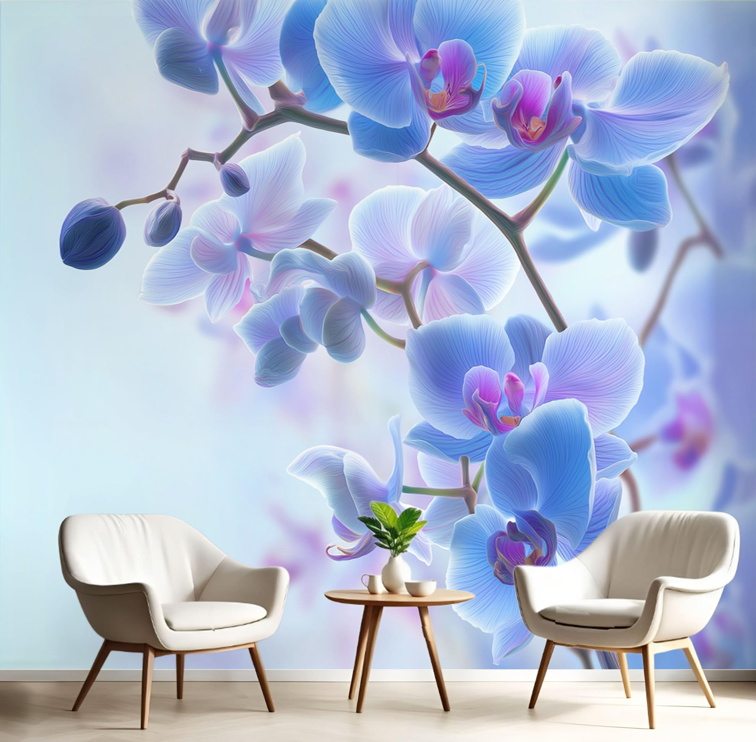 Papier peint panoramique phalaenopsis pour agrandir un salon sombre grand décor bleu