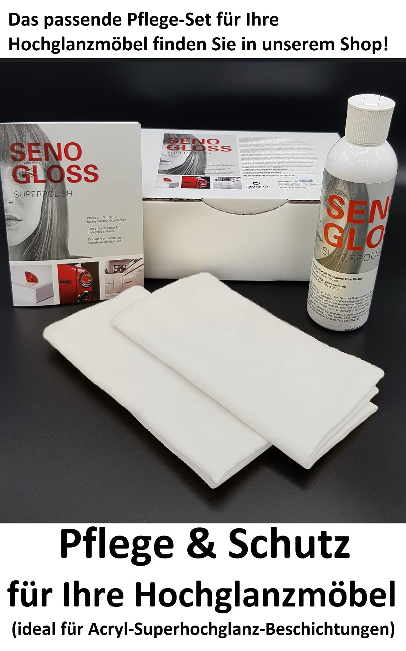 Pflege & Schutz Hochglanzmöbel Küchen Möbelpolitur 250 ml + 2x Poliertuch Set Hochglanzpflege