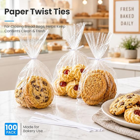 White Paper Twist Ties 100 Pcs 5 Reusable Bread Ties for Bags White Twist Bag Ties Twisty-ties Twist Candy Ties Wire Ties Reusable Twist Tie for Party Cello Candy Bread Coffee Bags Cake Pops