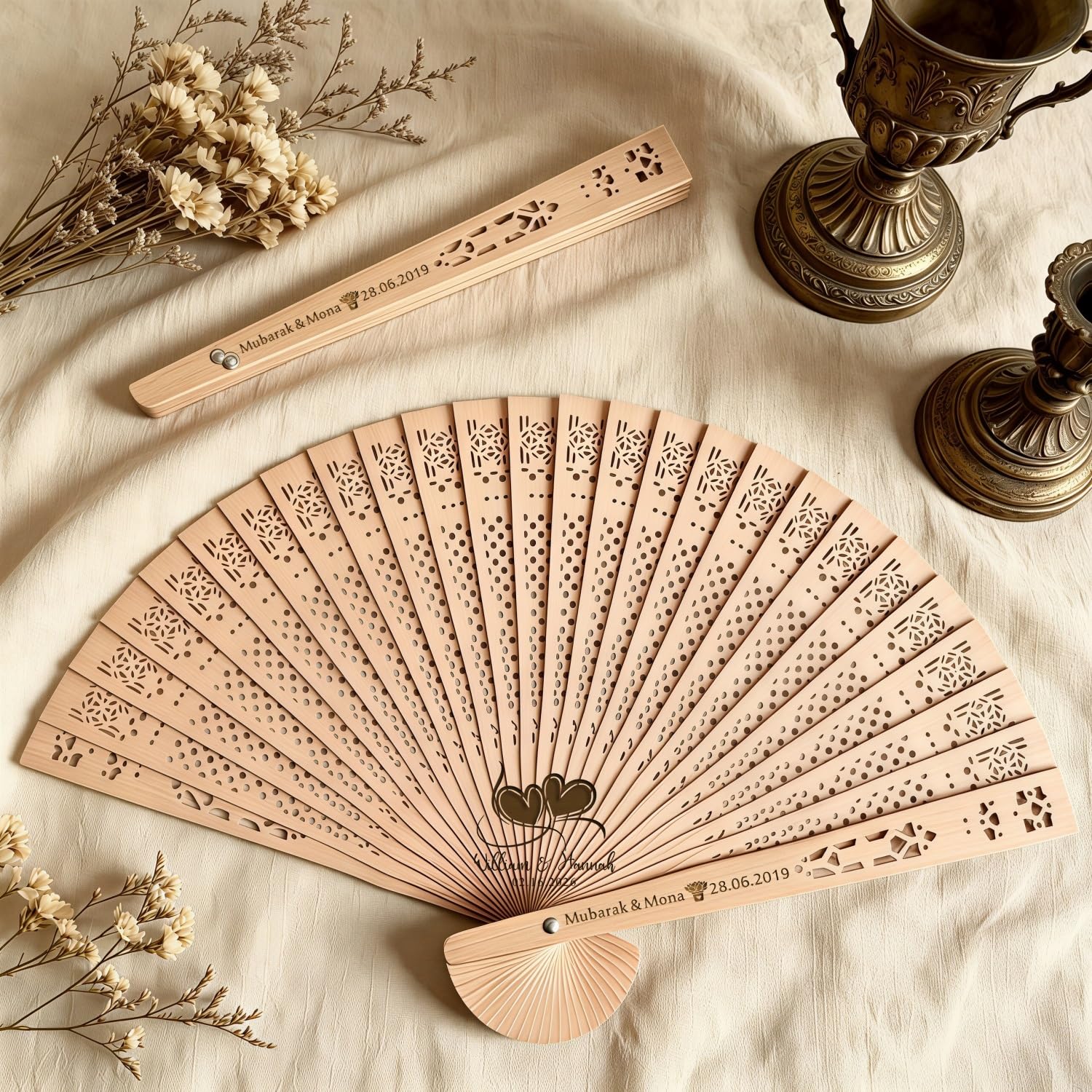 Personalized Wood Hand Fan, Custom Engraved Hollow Folding Fans for Wedding Guests, Party Favors Decoration for Baptism, Birthday, Bridal Shower, Anniversary(B,10PCS)
