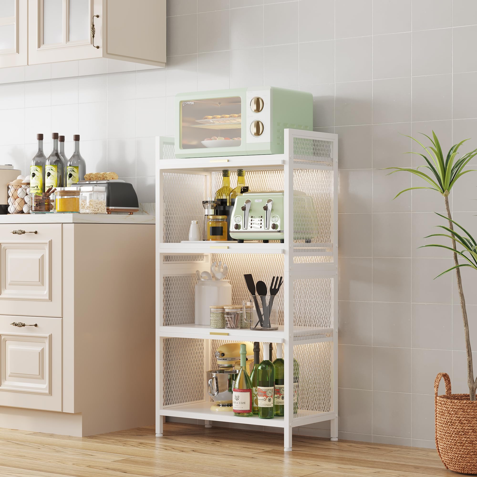 LEADZM 4-stufiges Küchenschrank, Buffetschrank, Küchenregale Stehend, Mikrowellenschrank mit halbtransparenter PC-Tür, Bäckerregal, Standregal, Lagerregal für Küche Wohnzimmer (Weiß, 4)
