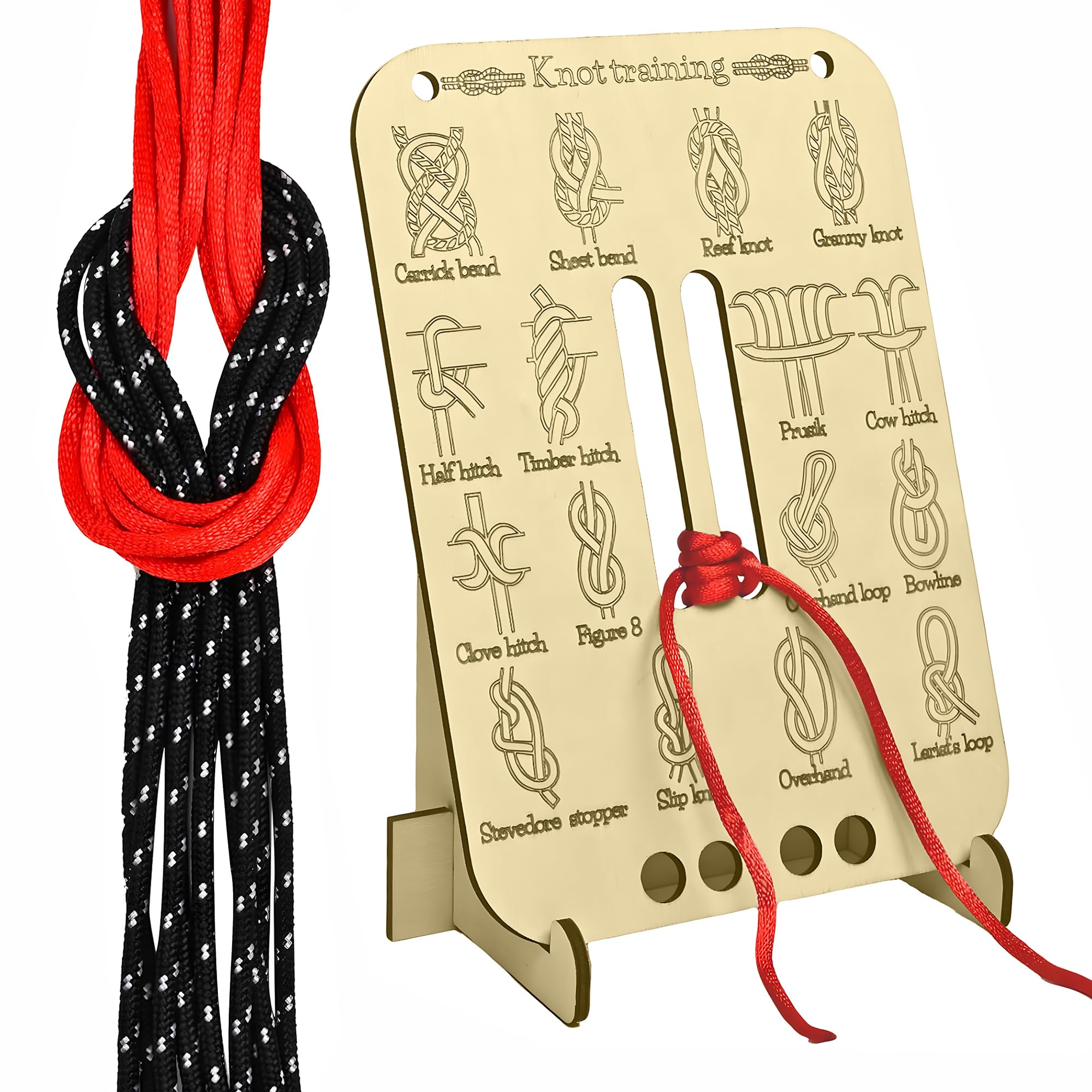 Knot Tying Practice Board with Stand and 10 Nylon Ropes – Complete Wooden Knot Training Kit for Outdoor Survival, Camping, Climbing – Essential Camping Gear for Wilderness Enthusiasts, Hikers