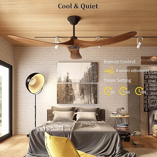 Miniatura 5 de Lovinouse Ventilador de techo interior de 60 pulgadas con control remoto, ventiladores de techo de madera para exteriores, motor reversible