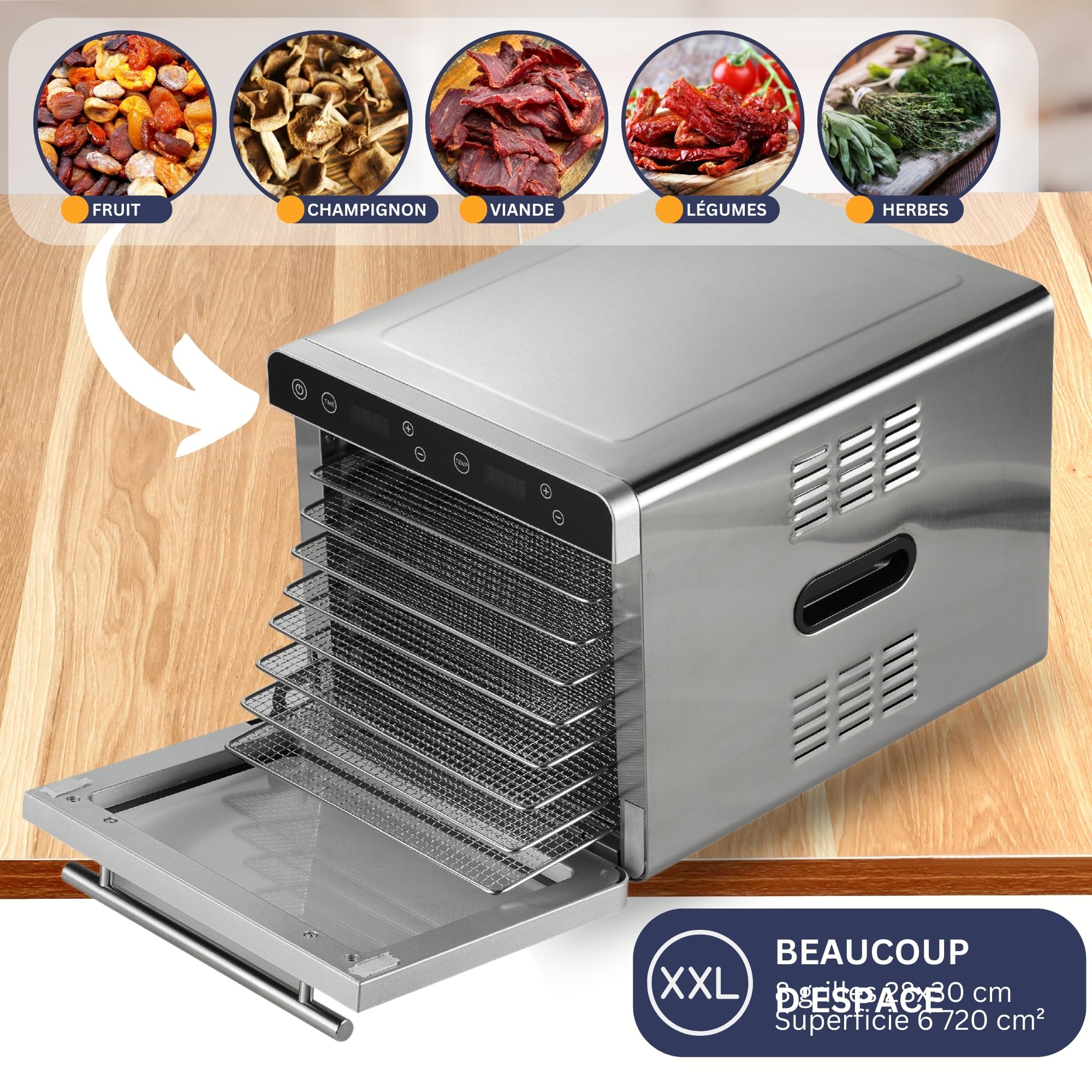 Sommertal Silence 700 XXL avec 8 grilles de séchage en acier inoxydable, affichage LED, minuterie de 24 heures, réglage de la température de (35 °C à 85 °C), avec livre de cuisine, déshydrateur