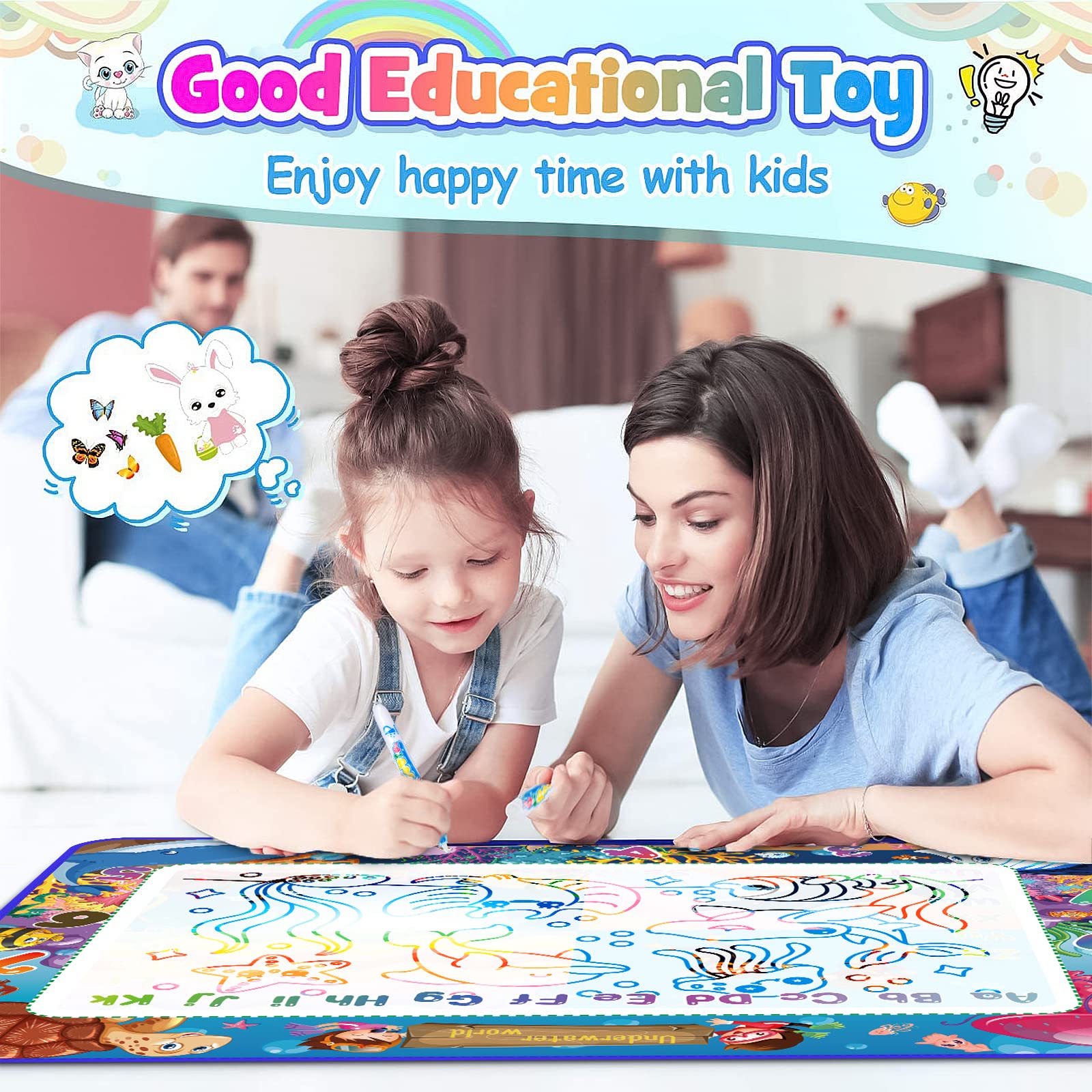 Wasser Doodle Matte,120 x 90 Aqua Magic Doodle Malmatte Kinder, Wiederverwendbare Drawing Matte, Aqua Drawing Painting Matte mit 3 Magic Stifte & Stempelset, Kinderspielzeug