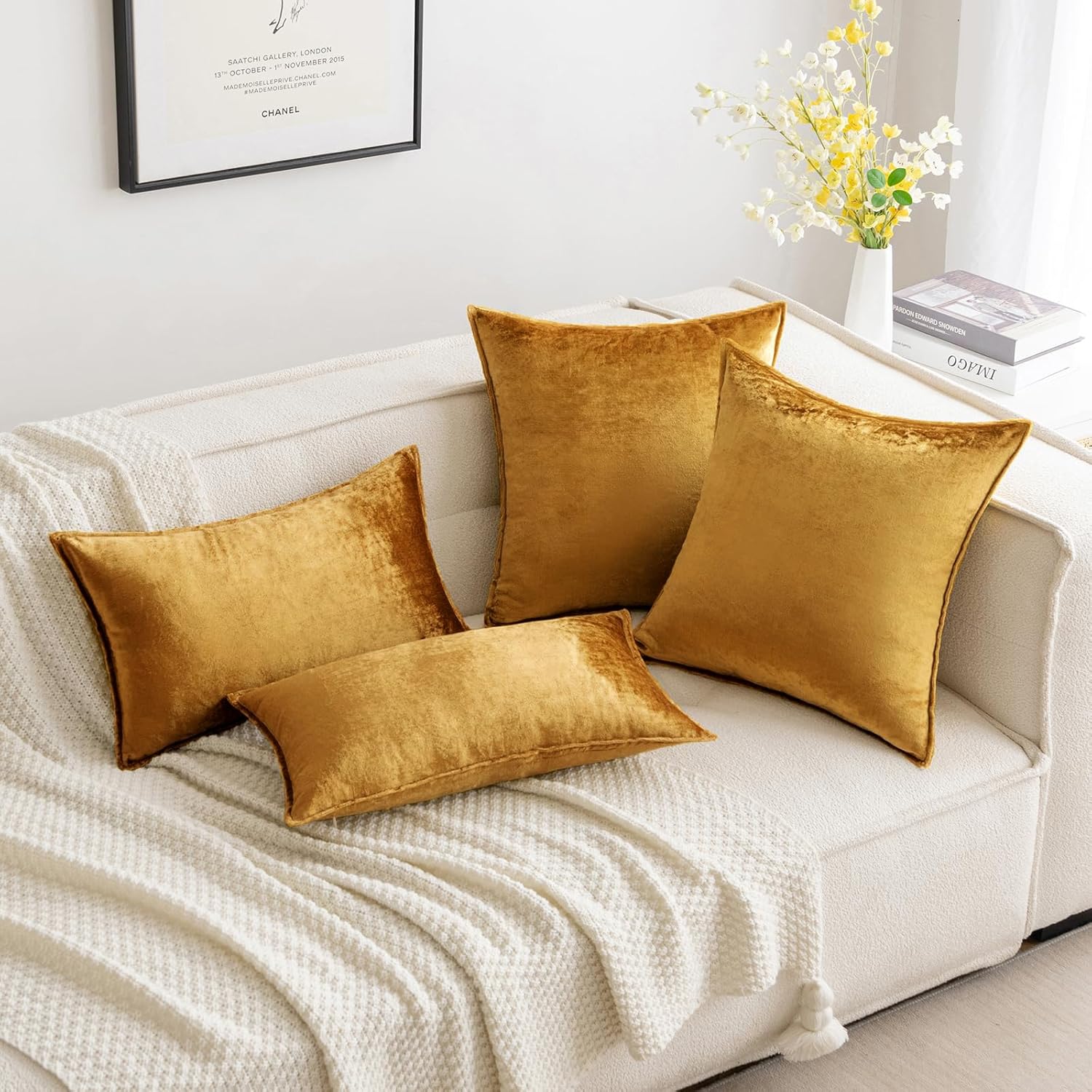 Dark Gold, 22x22, Pair MIULEE Fall Pack of 2 Dark Gold Decorative Velvet Throw Pillow Cover Soft Pillowcase Solid Square Cushion Case for Sofa Bedroom Car 22x22 Inch