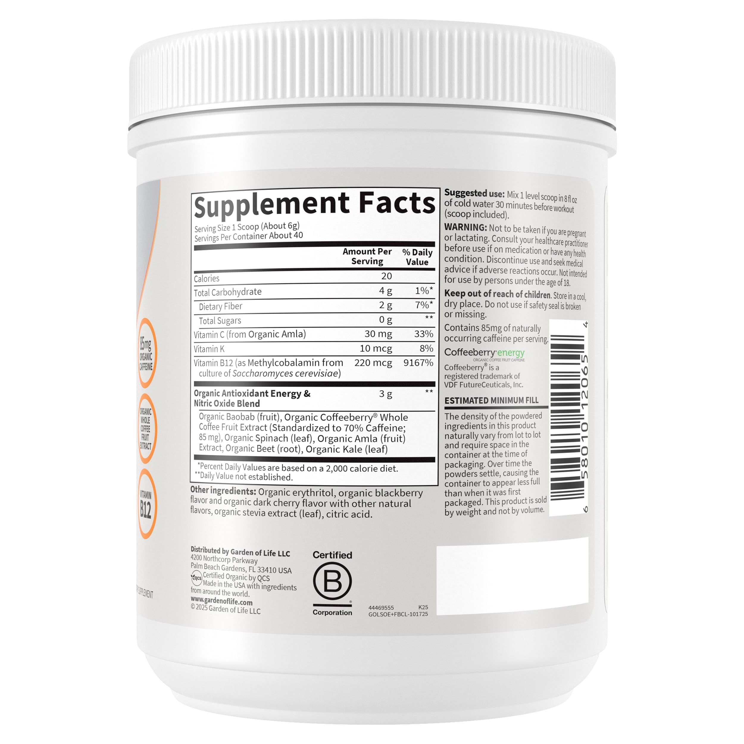 Garden of Life Sport Organic Plant-Based Energy + Focus Vegan Clean Pre Workout Powder, Sugar & Gluten Free BlackBerry Cherry with 85mg Caffeine, Natural NO Booster, B12, 40 Servings, 8.14 Oz — Amazon image 6