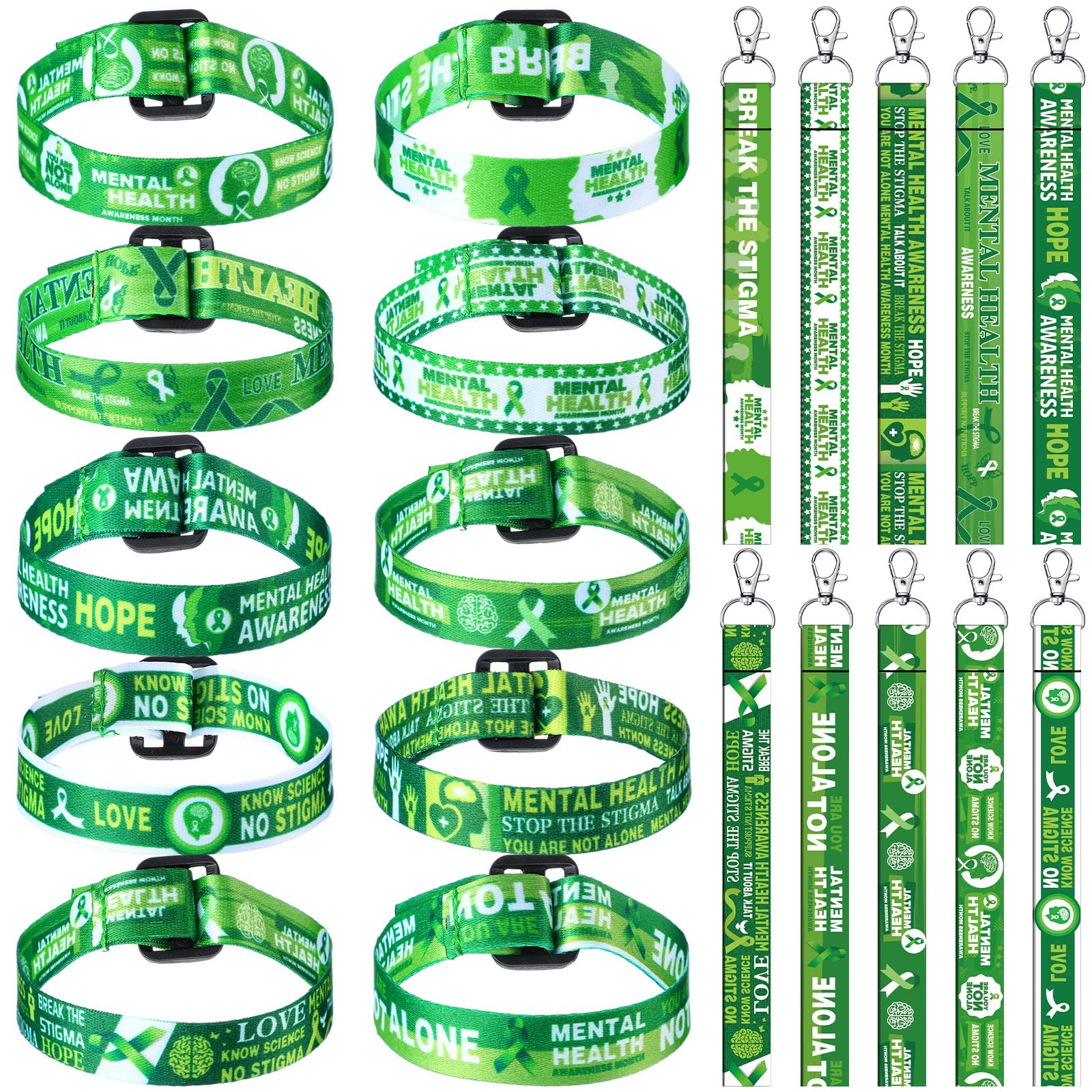 Ecally 60 Pcs Mental Health Awareness Lanyard Keychains and Adjustable Bracelets Gifts Bulk Green Ribbon Key Rings and Bracelets for Mental Health Month Party Supplies