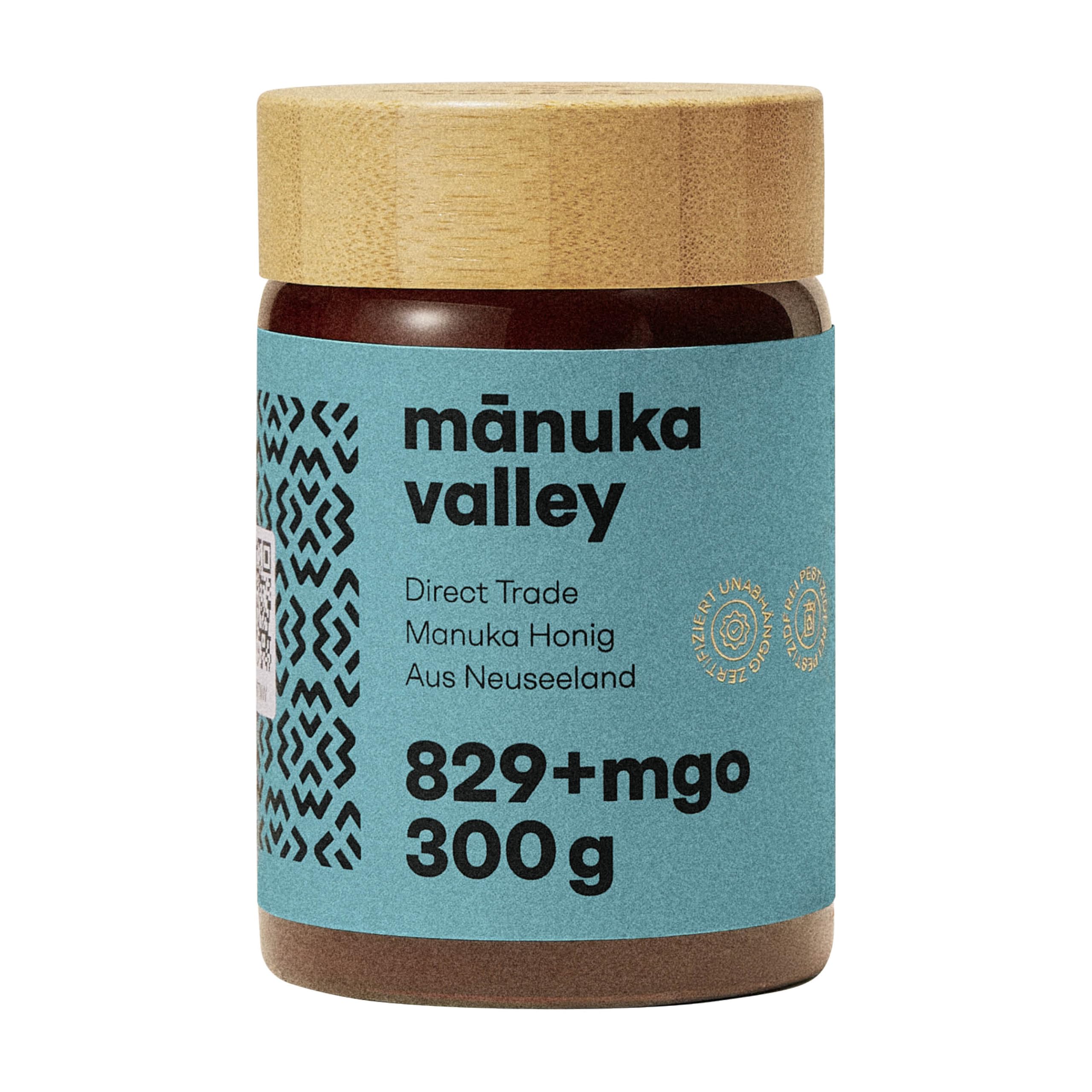 MANUKA VALLEY – Manuka Honig mit 829+ MGO im Glas. 300 g. Laborgeprüft und zertifiziert – 100 % natürlicher Manuka-Honig aus Neuseeland. Mit erdigem Geschmack und sanft bitterer Note