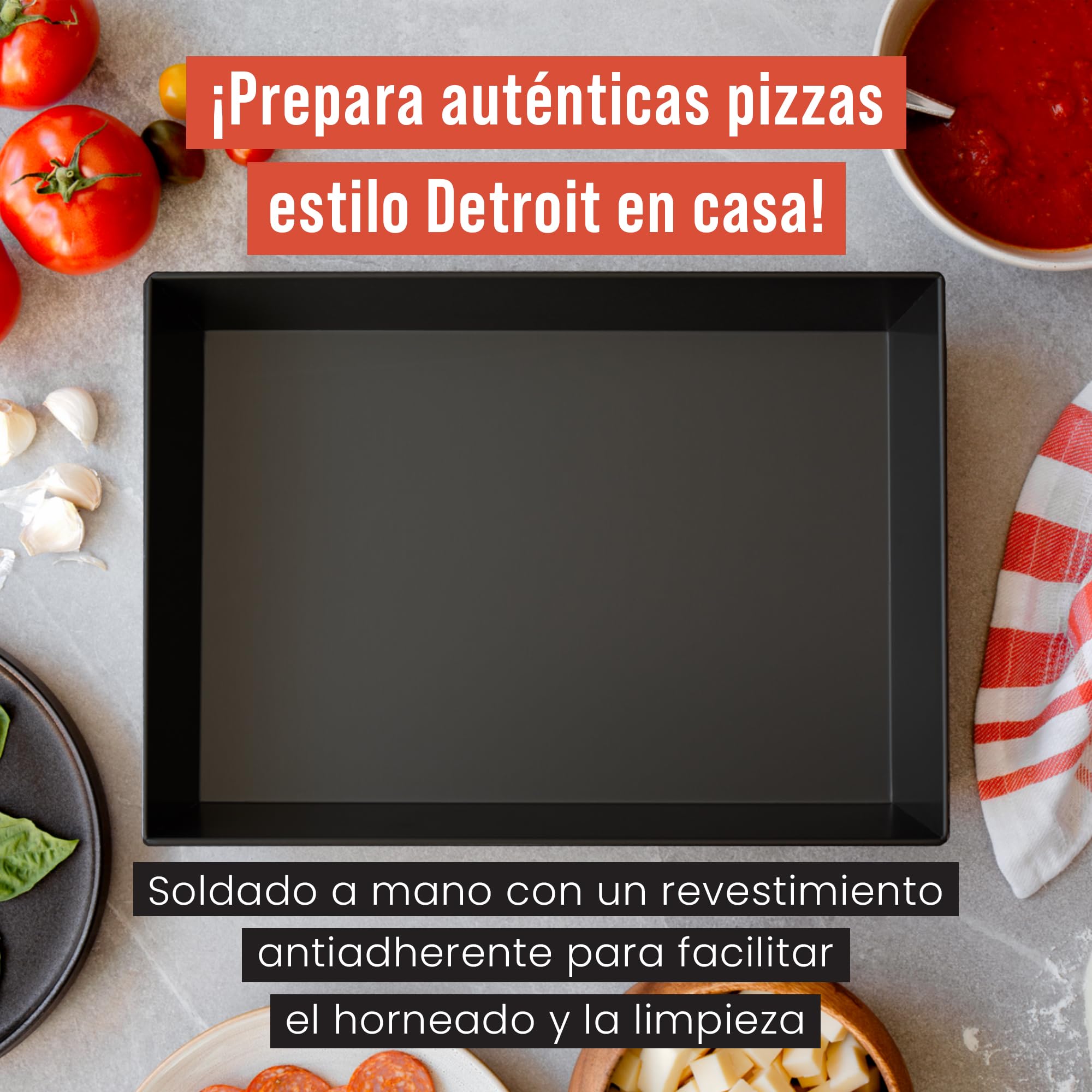 Chef Pomodoro Molde de Pizza Estilo Detroit, 14" x 10" (Rectangular), Aluminio Anodizado Duro, Utencilios Pre Curados