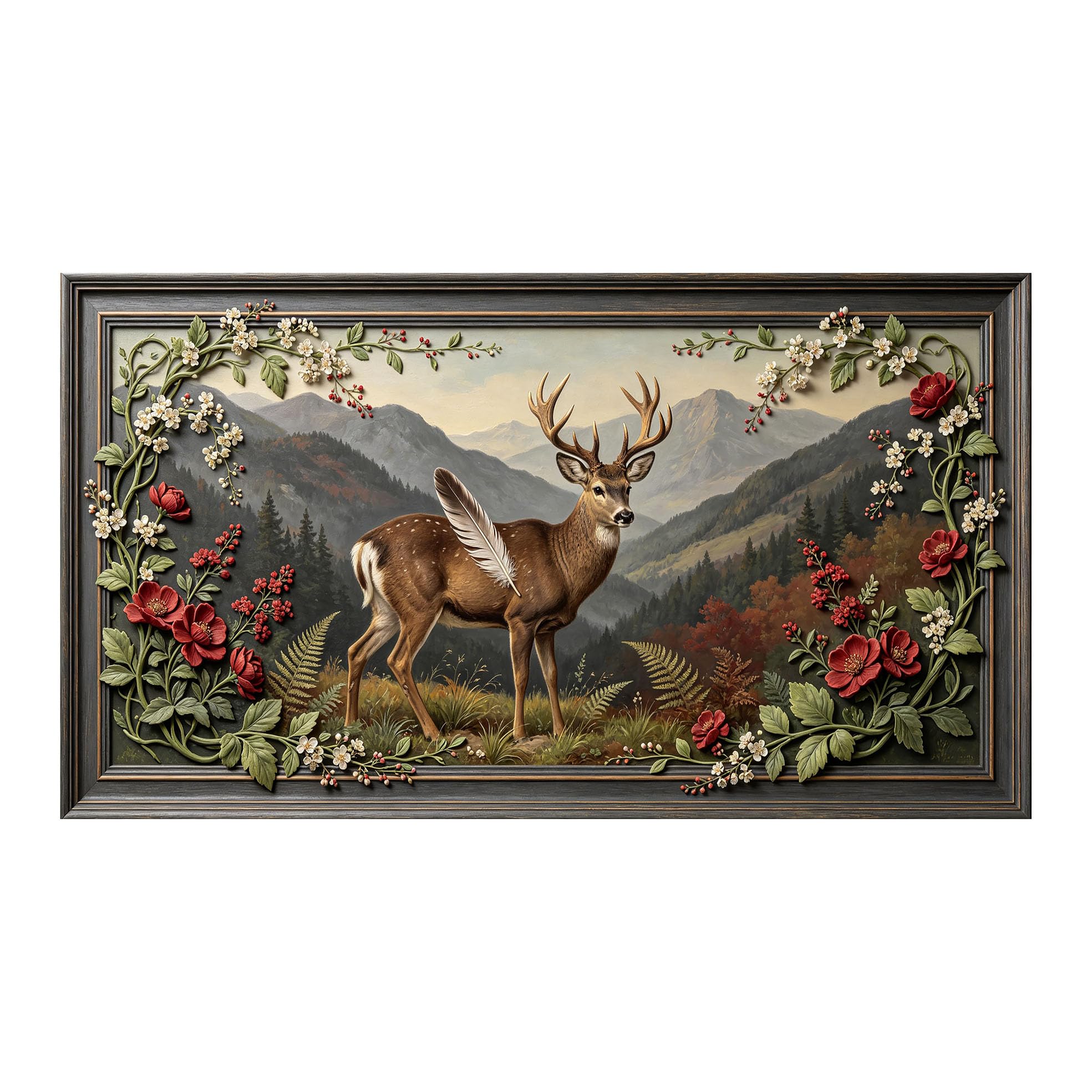 Yzpallescene 3D 3D Framed Wall Art 50cm×90cm Deer Mountain Landscape Rustic Oil Painting Large Size SelfAdhesive Removable Wall Decor Prints Artwork for Living Room Bedroom Office
