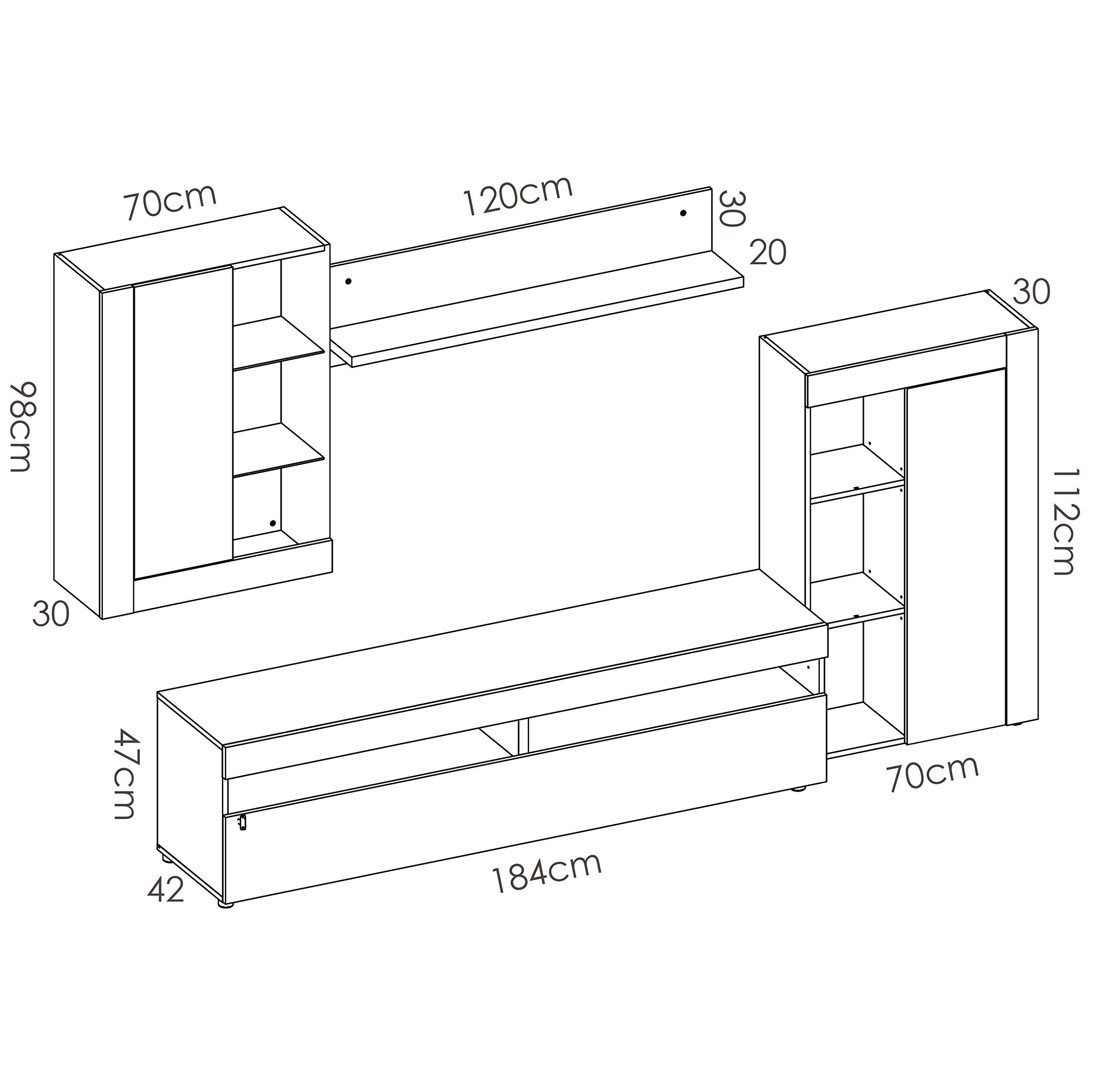 Mobelcenter - Mueble de Salón Tokio - Módulo TV, Módulo con estantes, Módulo Superior y Estante - Acabado en Color Cemento y Blanco - Medidas: Ancho: 254 cm x Alto: 112 cm x Fondo: 42 cm - (1200)