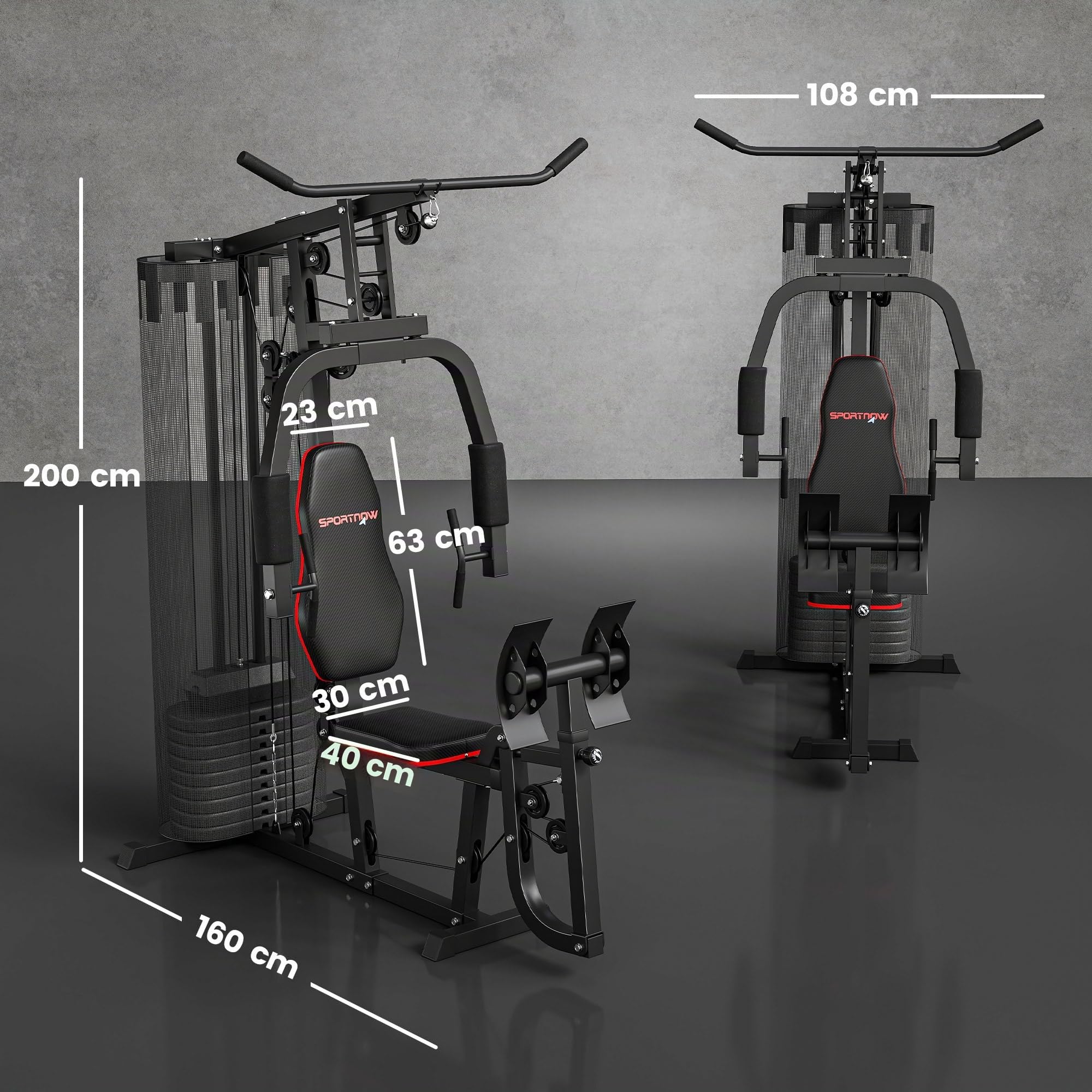 SPORTNOW Stazione Fitness Multifunzione con 45 kg di Pesi per Home Gym, Palestra Multifunzione da Casa per Allenamento Completo, con Chest Press e Leg Press, 160x108x200 cm, Nero