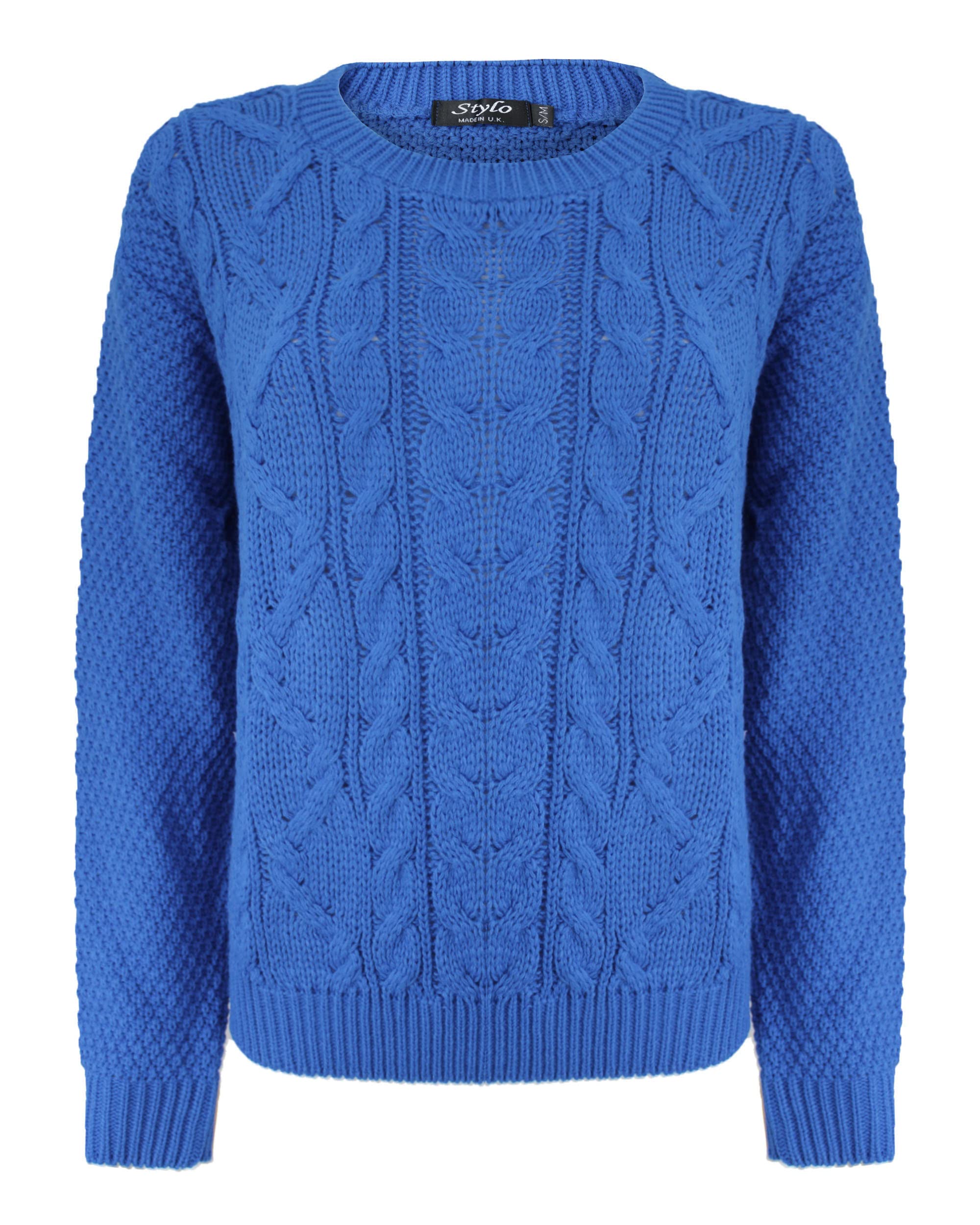 New Ladies Womens Cable Knit Long Sleeves Knitted Jumper Over Size Sweater Top 8-14[Blue, ML]