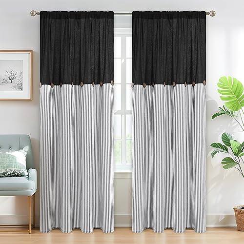ASPMIZ Cotton Linen Farmhouse Curtains for Living Room, Boho Rustic Window Curtain Panels, Black with Grey Stripe Country Curtains for Bedroom, Back Tab Modern Drapes for Windows 52 x 84 Inch 2 Panels