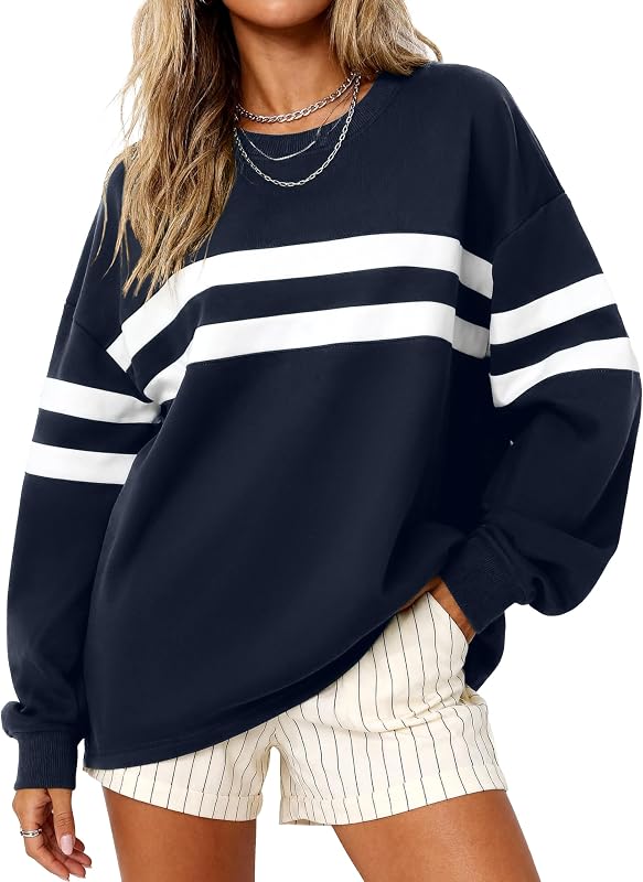 MASCOMODA Womens Striped Oversized Sweatshirt Fall Pullover(Navy,XL)