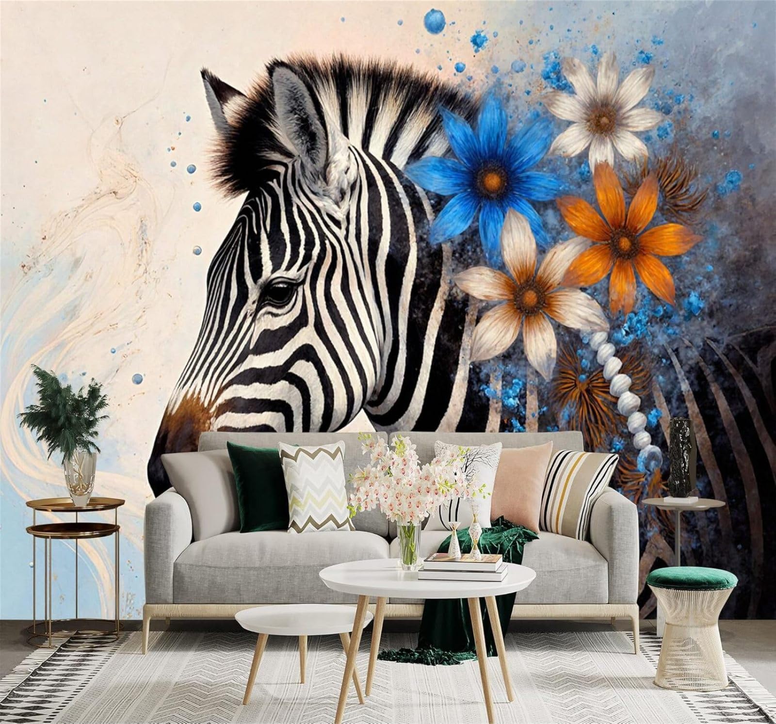 XLMING Blue Orange Flowers Abstract Zebra Art 3D Wallpaper Silky Texture Home Study Office Grey Dining Room Sofa Bedroom Living Room TV Backdrop-150cm×105cm