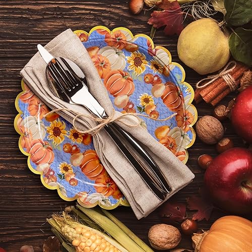 Miniatura 10 de Confettiville Platos de papel de Acción de Gracias, 50 platos desechables de Acción de Gracias, festoneados, suministros de fiesta, calabazas, azul