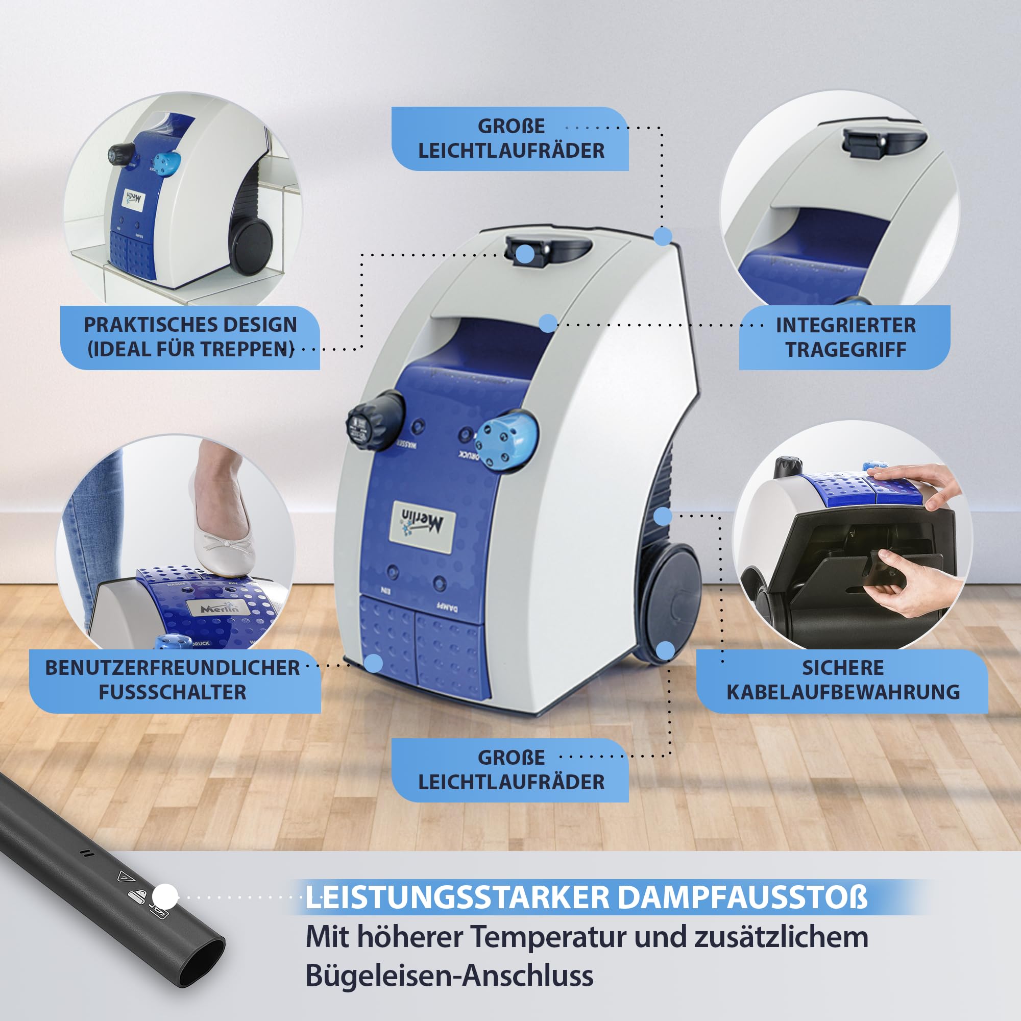 Tien® Merlin Royal Plus Dampfreiniger [Über 100 Einsatzgebiete & Chemiefrei] – Boden & Polsterreiniger mit Original Merlin-Zubehör – Dampfdruckreiniger Handgerät, Auto & Haushalt (4 bar Druck)