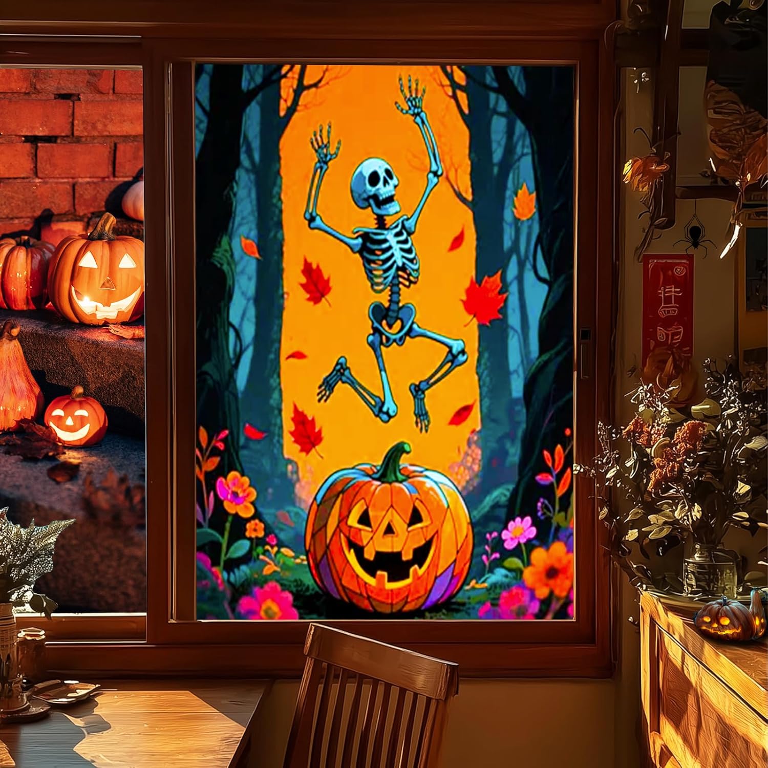 HOMETITUTE Halloween Window Film 31x47 Inch Skeleton Pumpkin Decorative Window Film Privacy Halloween Windows Sticker for Glass Door Forest Leaves Floral Design for Party Porch Windows Decoration