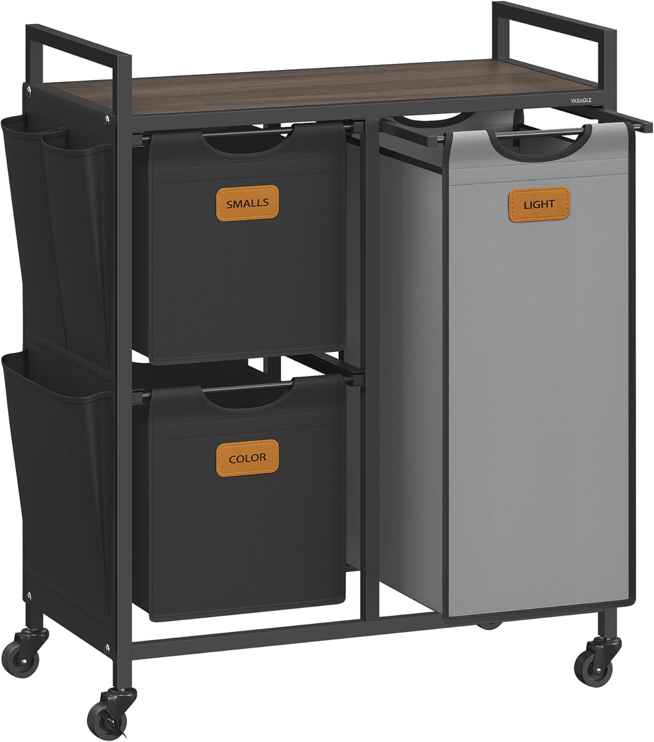 ( used) VASAGLE Laundry Hamper with 3 Compartments, 26.4 Gal. (100 L) Laundry Sorter, Rolling Laundry Cart with Shelves, Small Side Pockets, 6 Labels, Chestnut Brown, Ink Black and Dove Gray UBLH202B01 3 Compartments with 1 Shelf Chestnut Brown + Ink Black + Dove