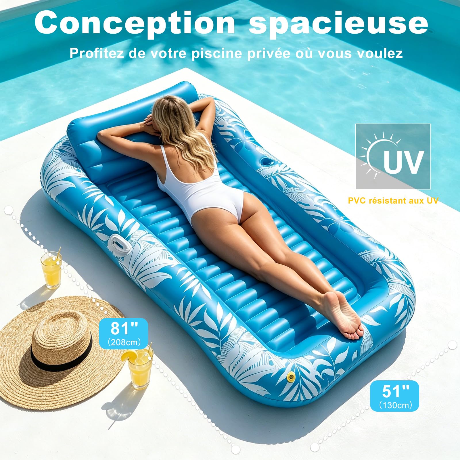 Balakaka Matelas Gonflable Adultes 208×130cm, 4 en 1 Hamac Flottant avec Dossier Tanning Pool avec Porte-Boisson, Design de Pulvérisation d'eau, pour Fêtes de Plage
