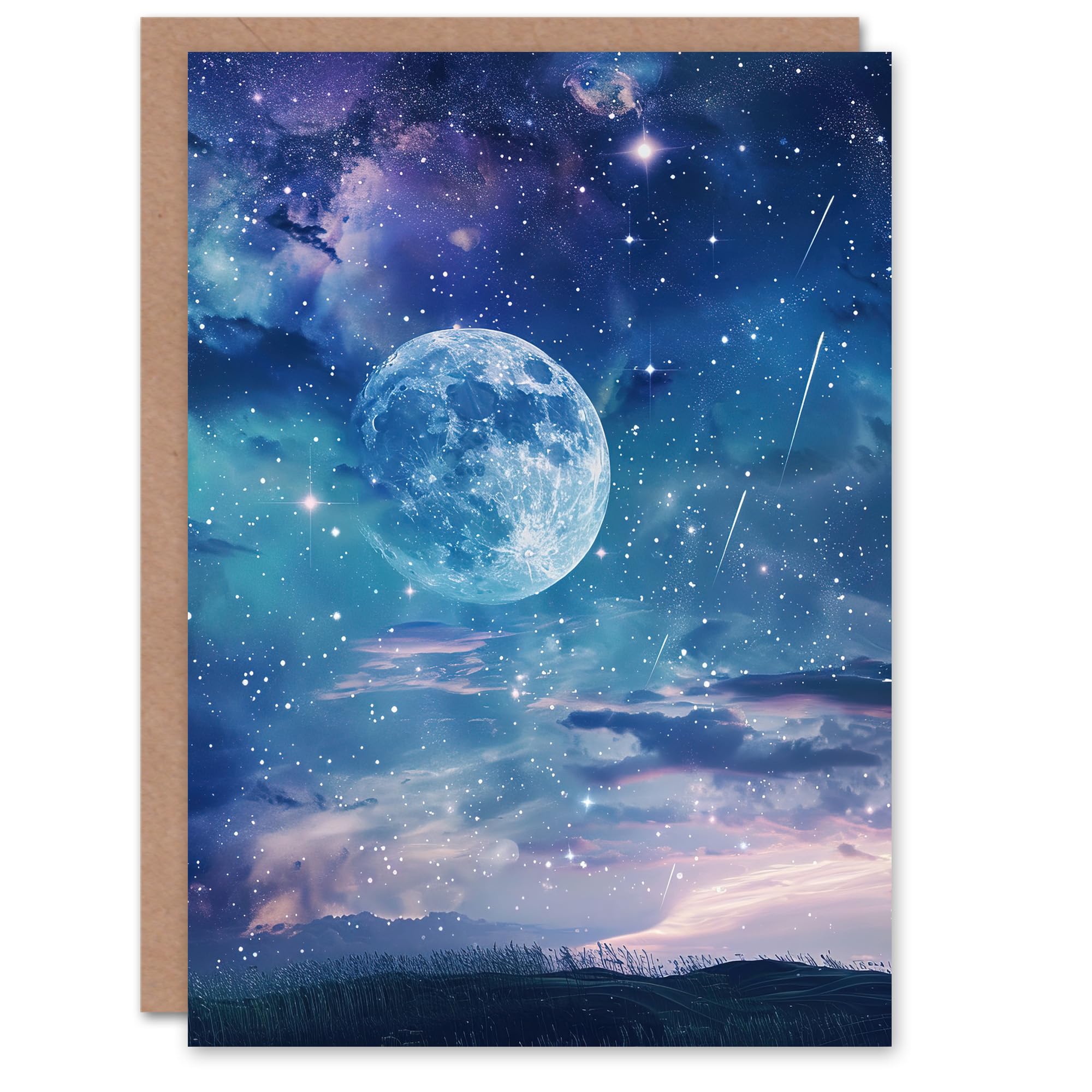 Artery8 Greeting Card Dreamy Full Moon Star Night Sky Surreal Starscape Blank For Him Or Her Art Birthday Card