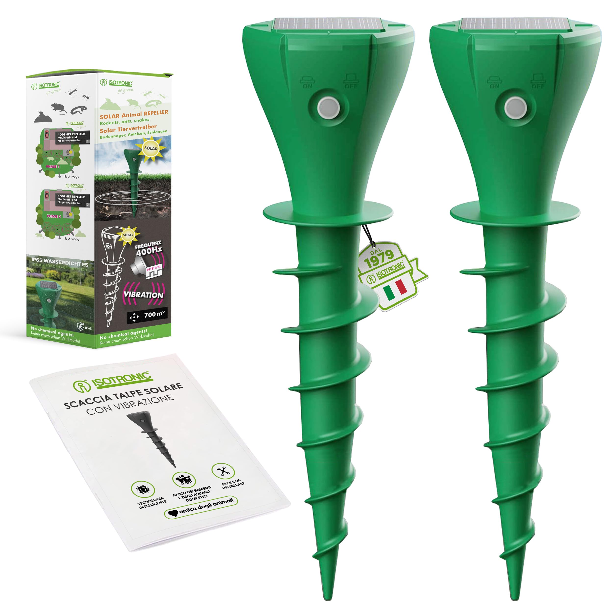 ISOTRONIC Repellente Solare per Talpe, Arvicole e Serpenti – Repellente per Talpe con picchetto da Giardino – Repellente per Talpe con Raggio d'azione effettivo di 700 m² (2 Pezzi)