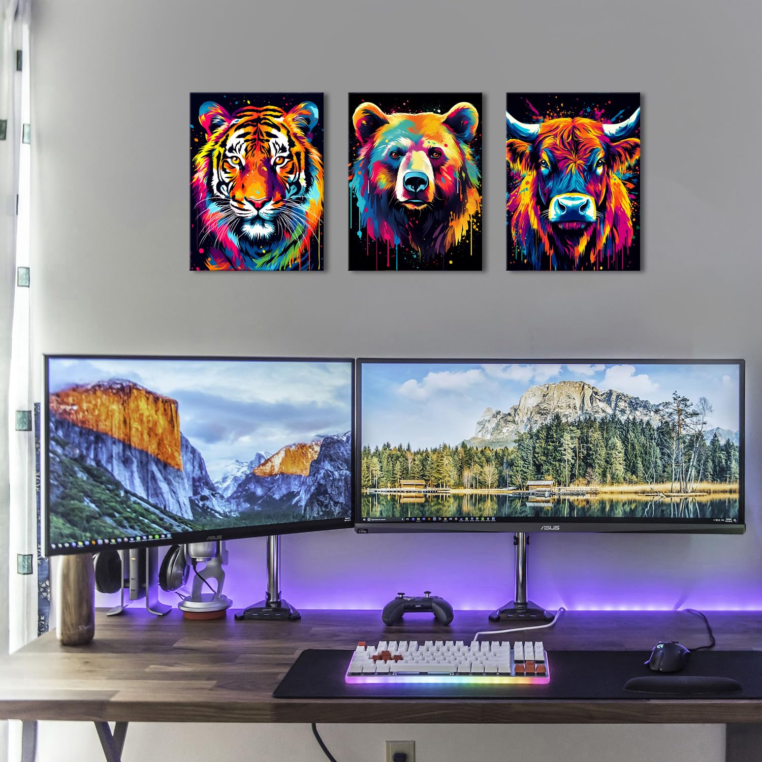 Highland Cow Canvas Wall Art Watercolor Animals Wall Decor Banksy Prints Colourful Cow Bear Tiger Pictures Abstract Graffiti Animal Painting Artwork Living Room Bedroom Home Decorations 30x40cm 3Pcs - Image 4