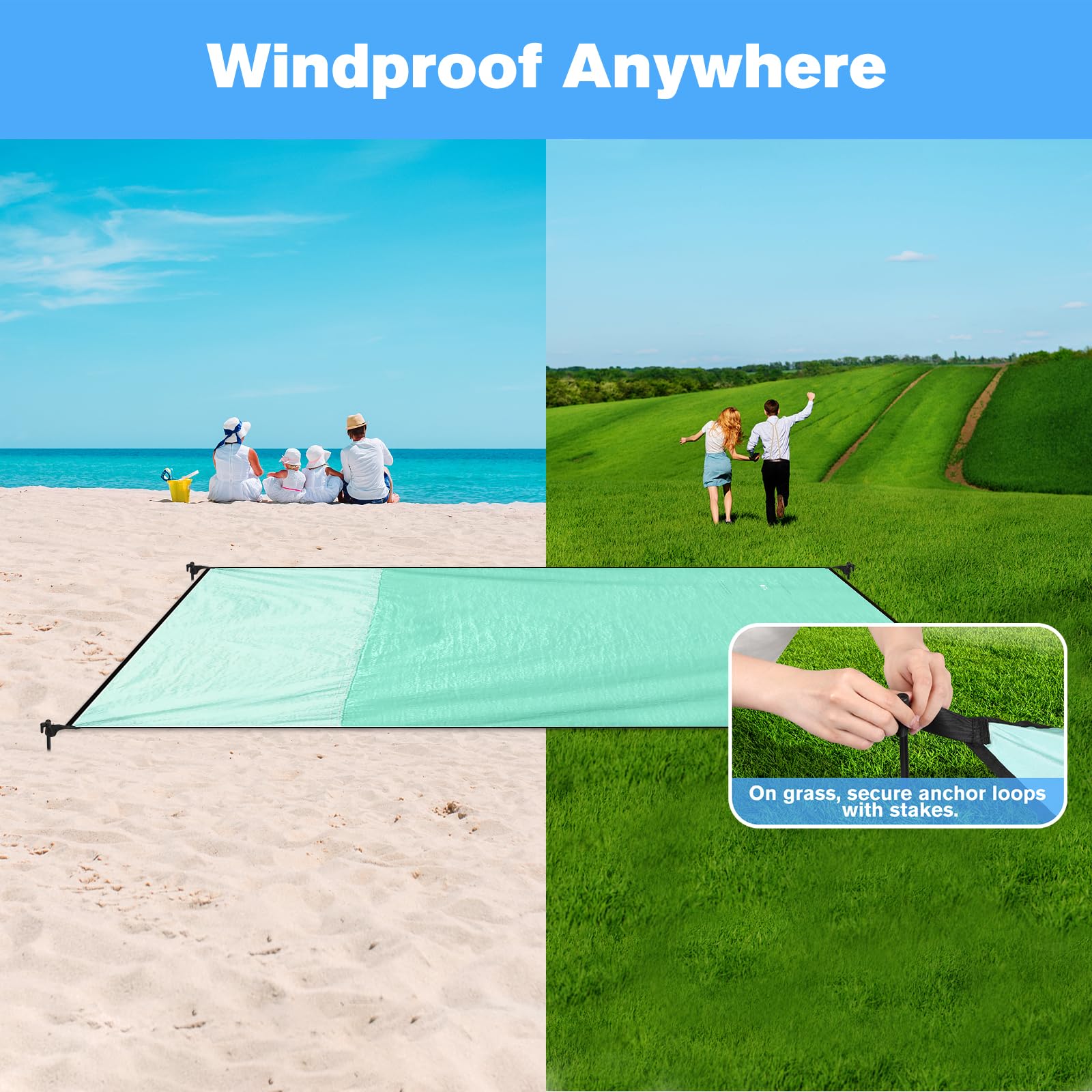 Stranddecke Sandfrei Super Groß 210x200 cm, Sanddicht Wasserdicht, Ultradünn Schnelltrocknend Tragbar Strandmatte, Leicht Weiches Bequemes Langlebiges Strandtuch, Grün