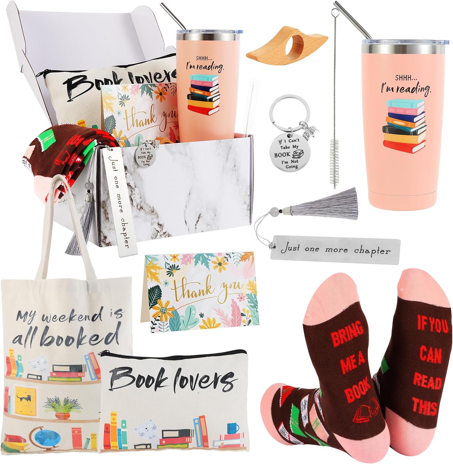 Kolewo4ever 11 Pieces Book Lovers Gifts Box Set Insulated Tumbler,Tote Bag,Makeup Bag,Socks,Keychain,Bookmark,Flipper