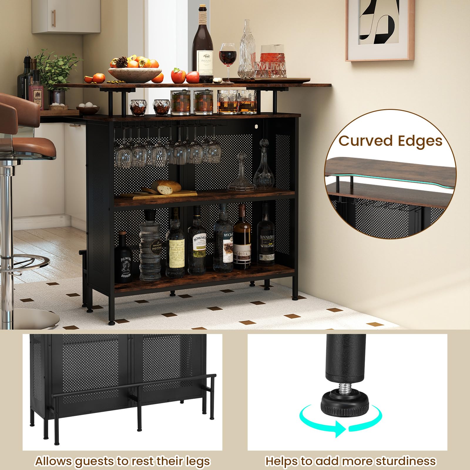 KOMFOTTEU Table de Bar avec 1 Étagère surélevée et 6 Porte-gobelets, Table à Vin à 4 Niveaux, Tables pour Boire Cuisine, Repose-Pieds, Style Industrielle, noir, 120 x 50 x 106,5 cm (Rectangulaire 2.0)