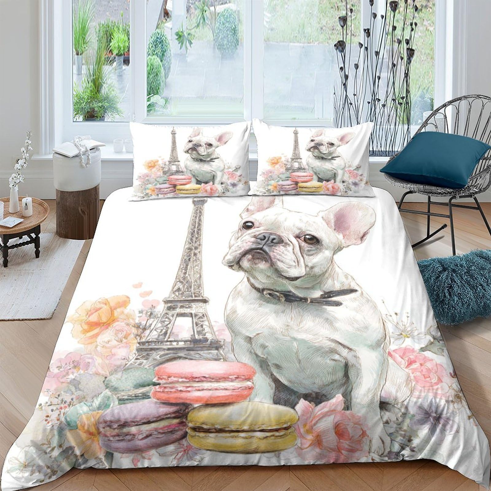 GPLZQXKJNH 3D Printed French Bulldog Eiffel Tower Duvet Cover Microfiber Soft Breathable Macaron Bedding Set with 2 Pillowcases for Bedroom Decor Single（135x200cm）