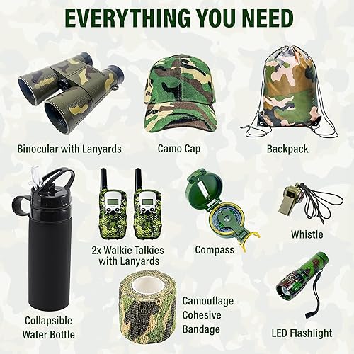 Miniatura 8 de Kit de aventura al aire libre para niños, equipo de campamento de camuflaje premium con Walkie-Talkies, juguetes de estilo militar, paquete 10 en 1,