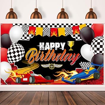 Car Racing Happy Birthday Backdrop Car Themed Birthday Party Decorations Racing Party Photo Background Theme Party Supplies for Birthday Party Photography Decor, 72.8 x 43.3 Inches