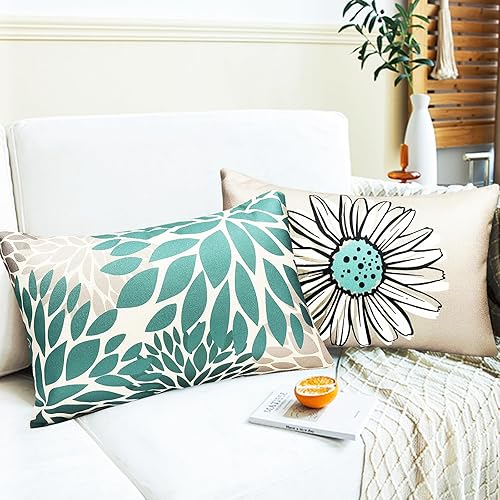 Miniatura 2 de Juego de 4 fundas de almohada decorativas azul verdoso 12x20 pulgadas, fundas de almohada cuadradas de lino, fundas de almohada modernas de estilo