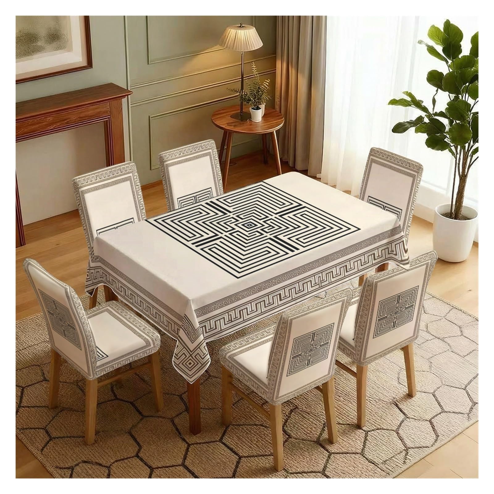 KXUAUV Stretch Dining Chair Slipcover & Tablecloth Set, Classic Greek Key Geometric Print, 5/7 Pack, Neutral Vintage Elegant Home Decor Party Decor(7pcs Set: Tablecloth+Chair Covers)