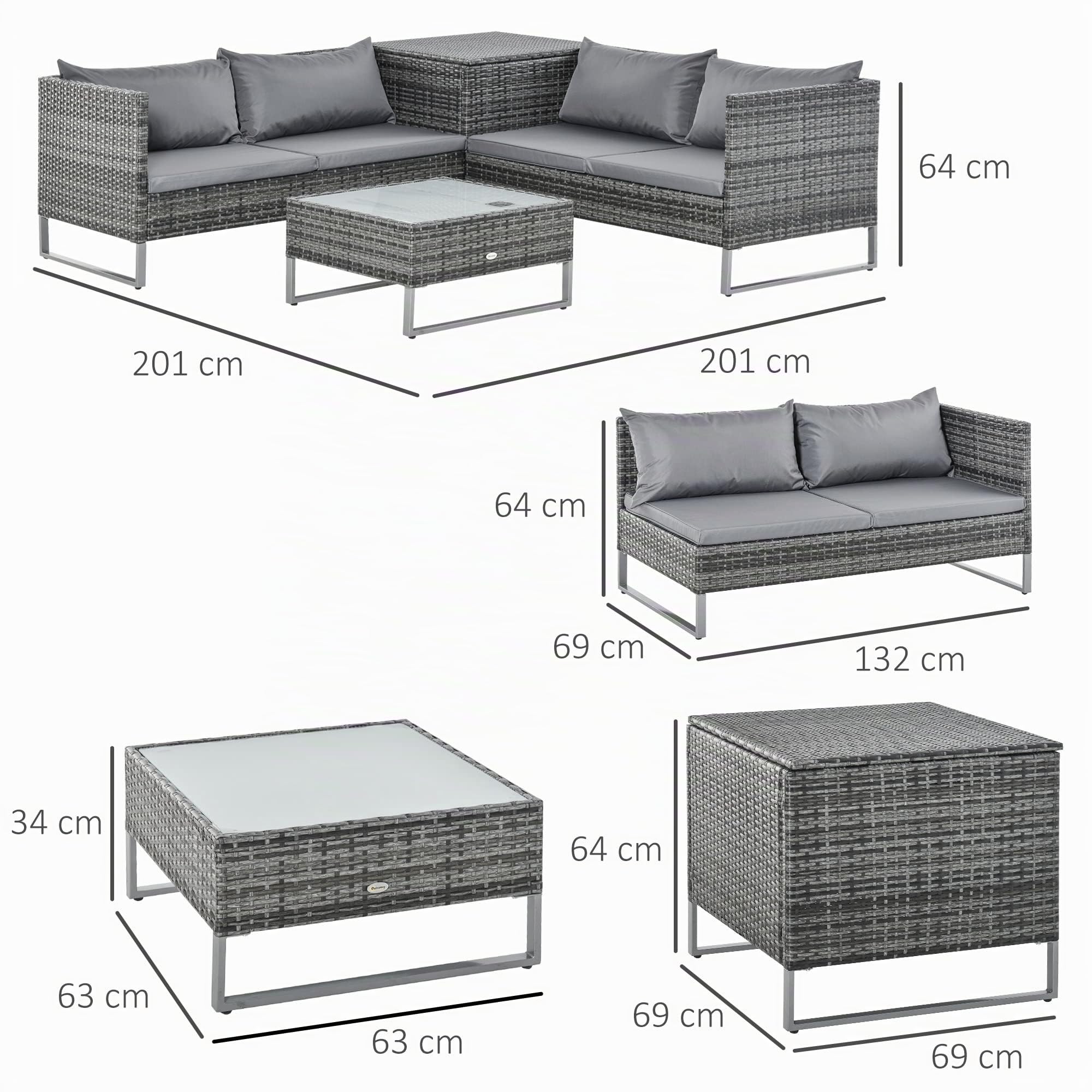 Outsunny Conjunto de Muebles de Jardín de Ratán 4 Piezas 132x69x64 cm Gris | 2 Sofás Dobles, Mesa de Centro, Mesa con Arcón, Cojines Extraíbles, Terraza Patio Exterior, Kit Sofá2 Plazas