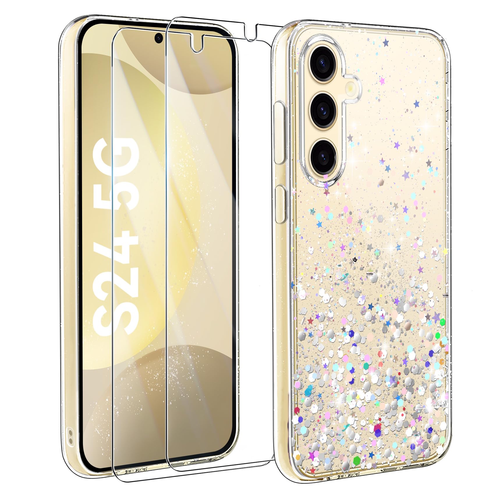 ivencaseClear Glitter Case Compatible with Samsung Galaxy S24 AI Case with 2 Screen Protector, TPU Silicone Sparkly Bling Star Soft Cover Flexible Transparent Shockproof Cover Samsung S24 5G