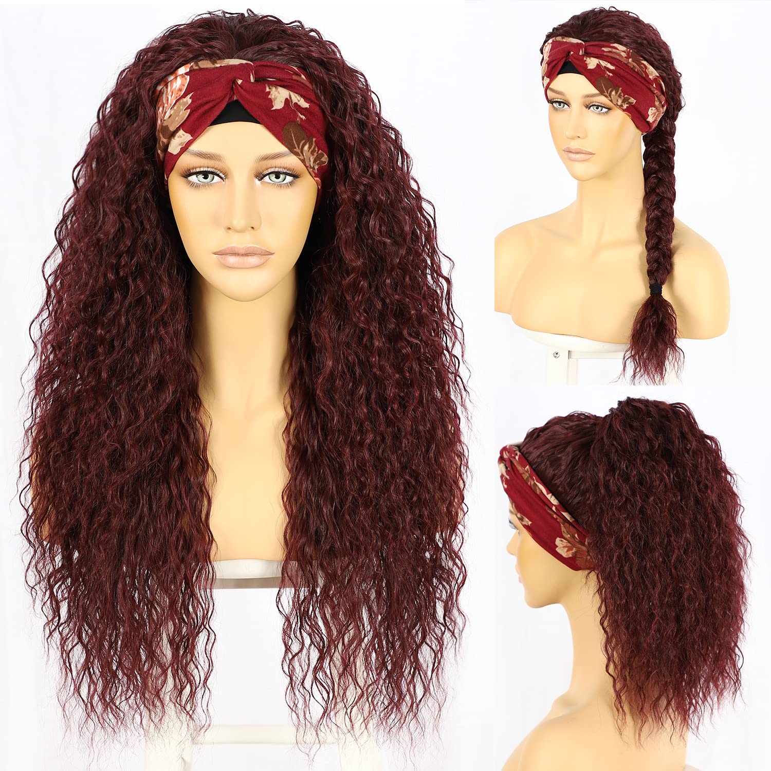 SOMIARIK Headband Wigs for Black Women Long Curly Synthetic Burgundy Wine Red Wig Glueless Hair None Lace Front Wigs Machine Made Headband Wigs 130% Density 26 inch
