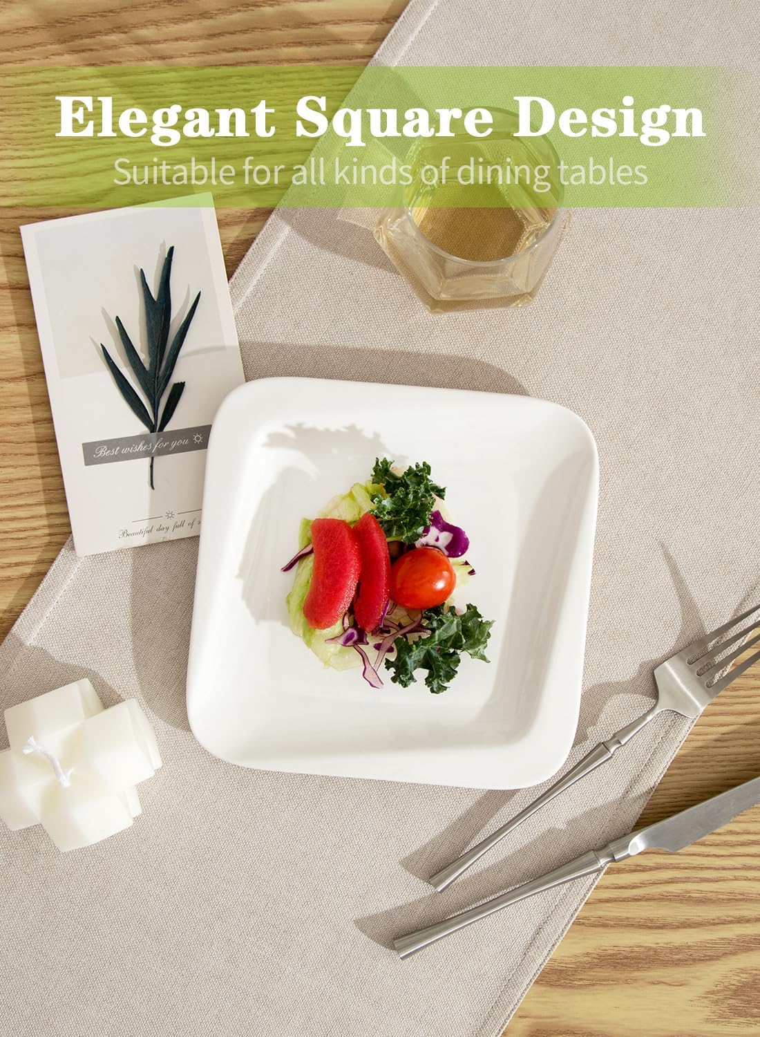 7.3 Inch Square Porcelain Dessert Plates, 10 Pieces, White
