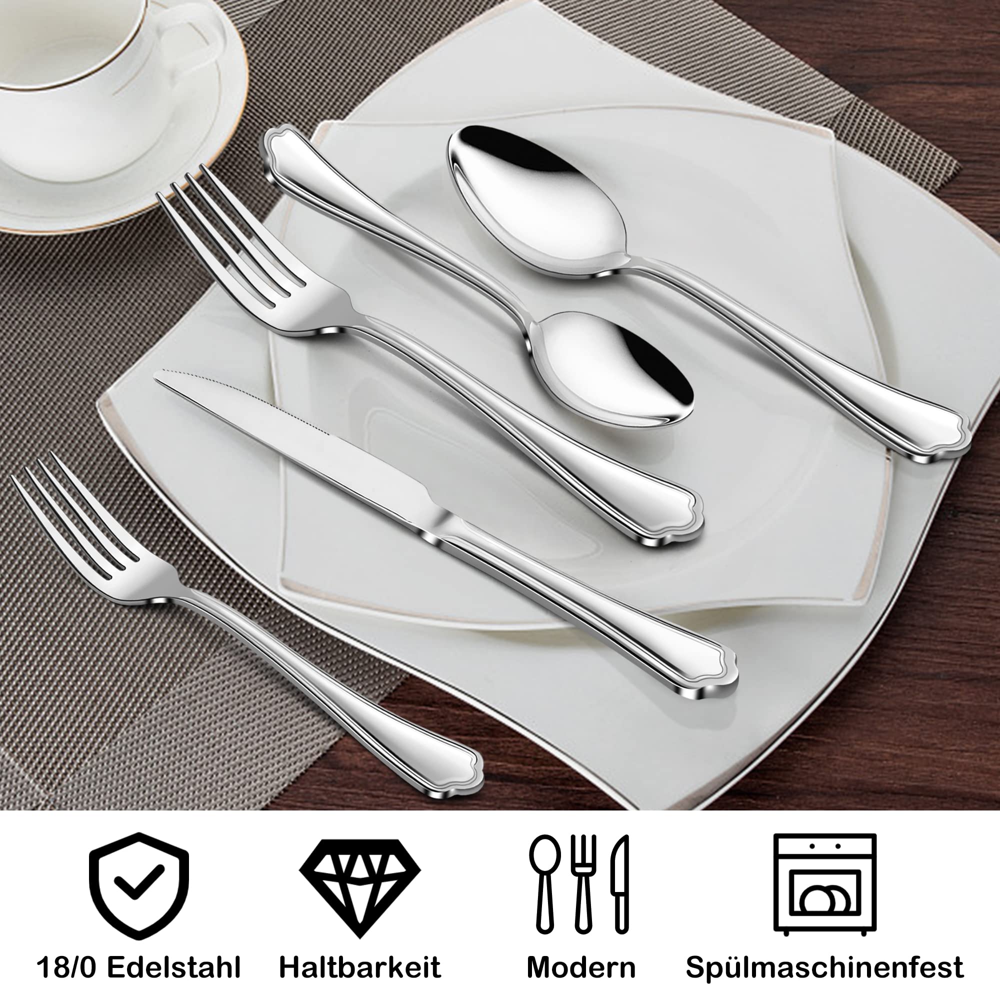 Herogo 36-delige bestekset met steakmessen, roestvrijstalen bestekset voor 6 personen, eetbestekset met vork, mes, lepel, elegant tafelbestek voor thuis (zilver - 30-delig elegant handvat
