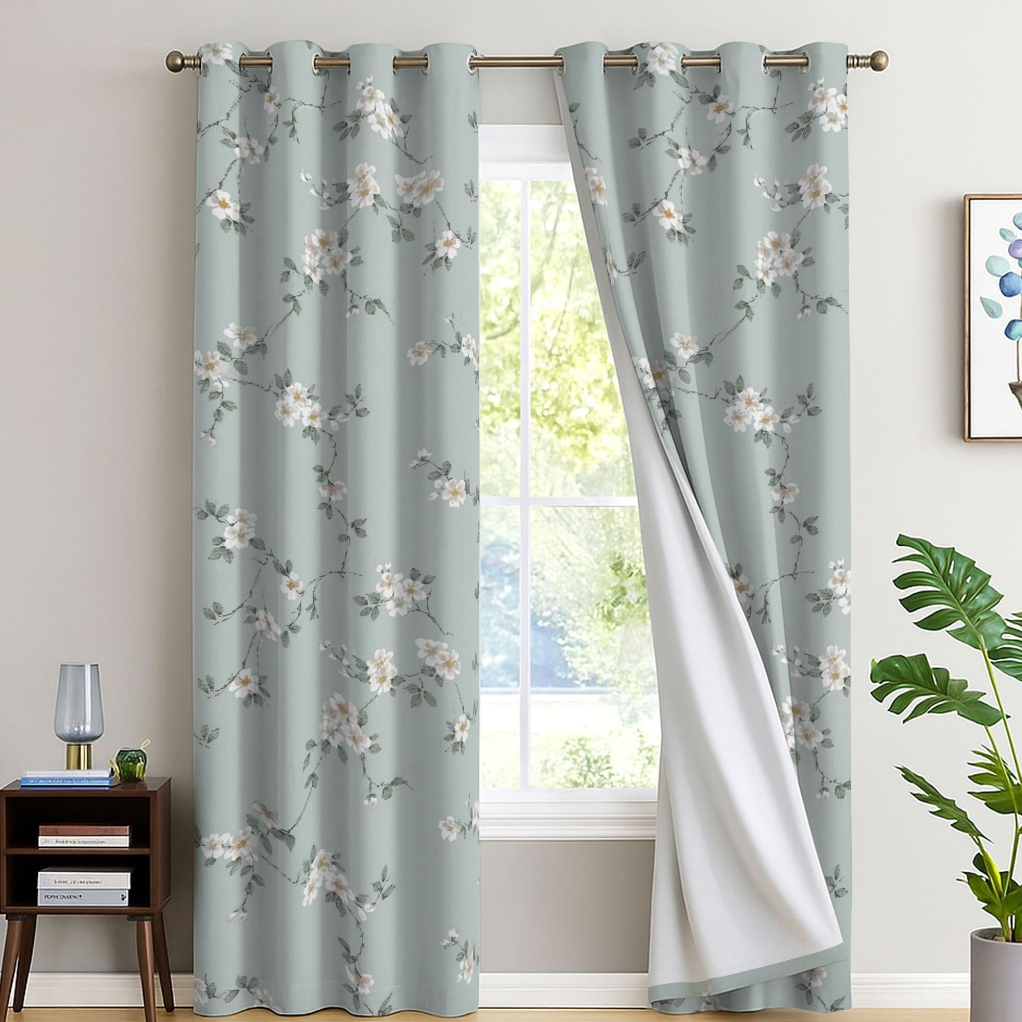 Eversoft Bedding Mint Bloom Floral Blackout Curtains 2 Panels - 46" X 54" - Thermal Insulated & Soundproof Flower Print Eyelet Drapes For Small Windows